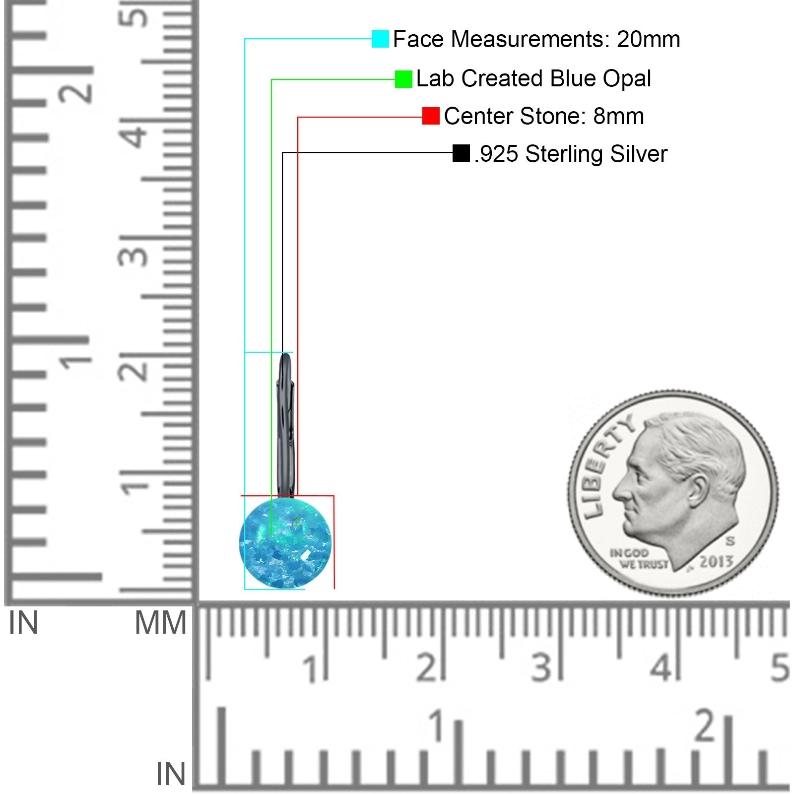 Round 8mm Lab Created Opal Leverback Earrings 925 Sterling Silver