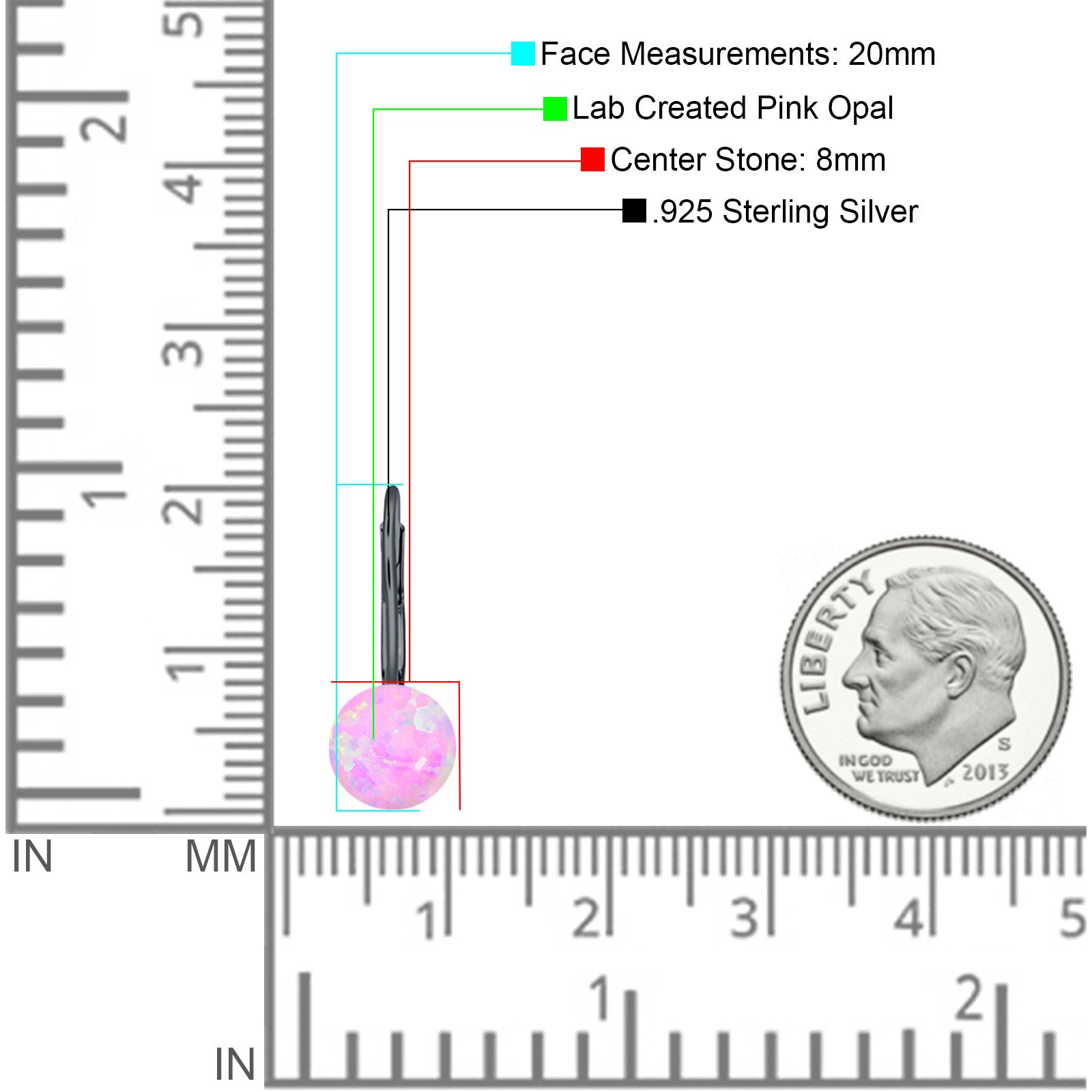 Round 8mm Lab Created Pink Opal Leverback Earrings 925 Sterling Silver