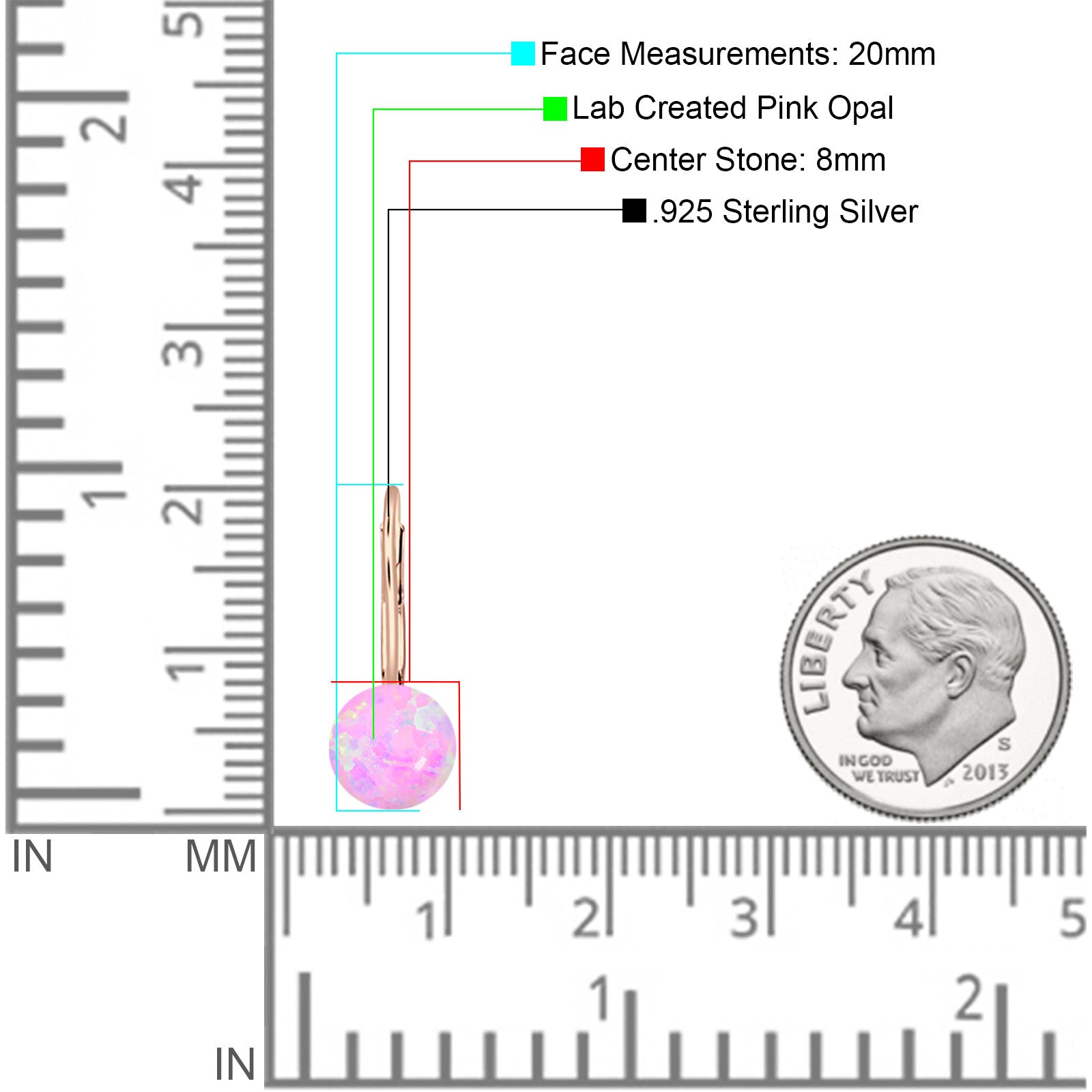 Round 8mm Lab Created Pink Opal Leverback Earrings 925 Sterling Silver