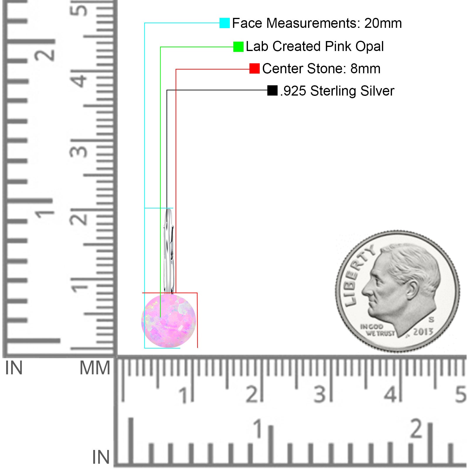 Round 8mm Lab Created Pink Opal Leverback Earrings 925 Sterling Silver