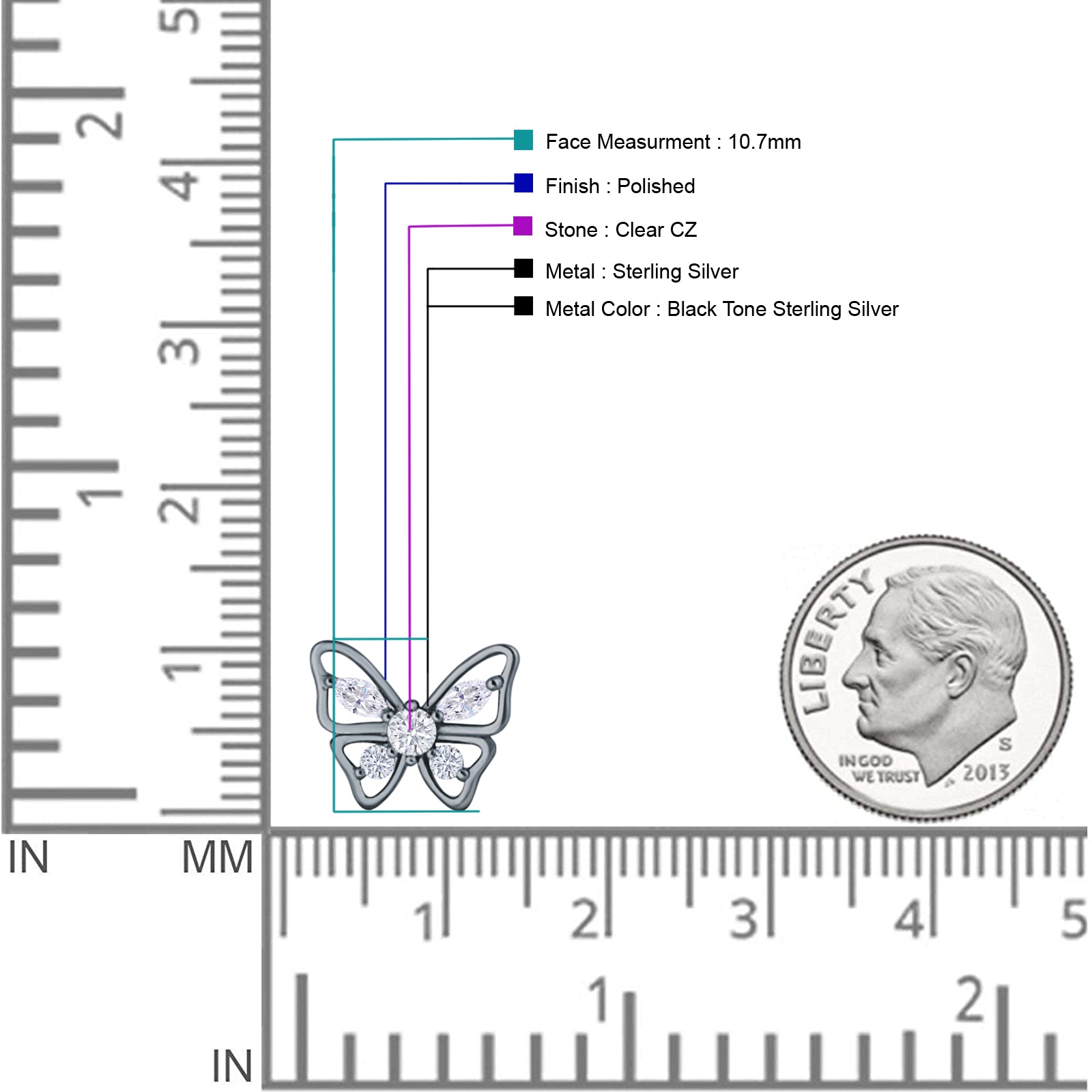 Minimalist 10.7mm Butterfly Stud Earrings Cubic Zirconia 925 Sterling Silver