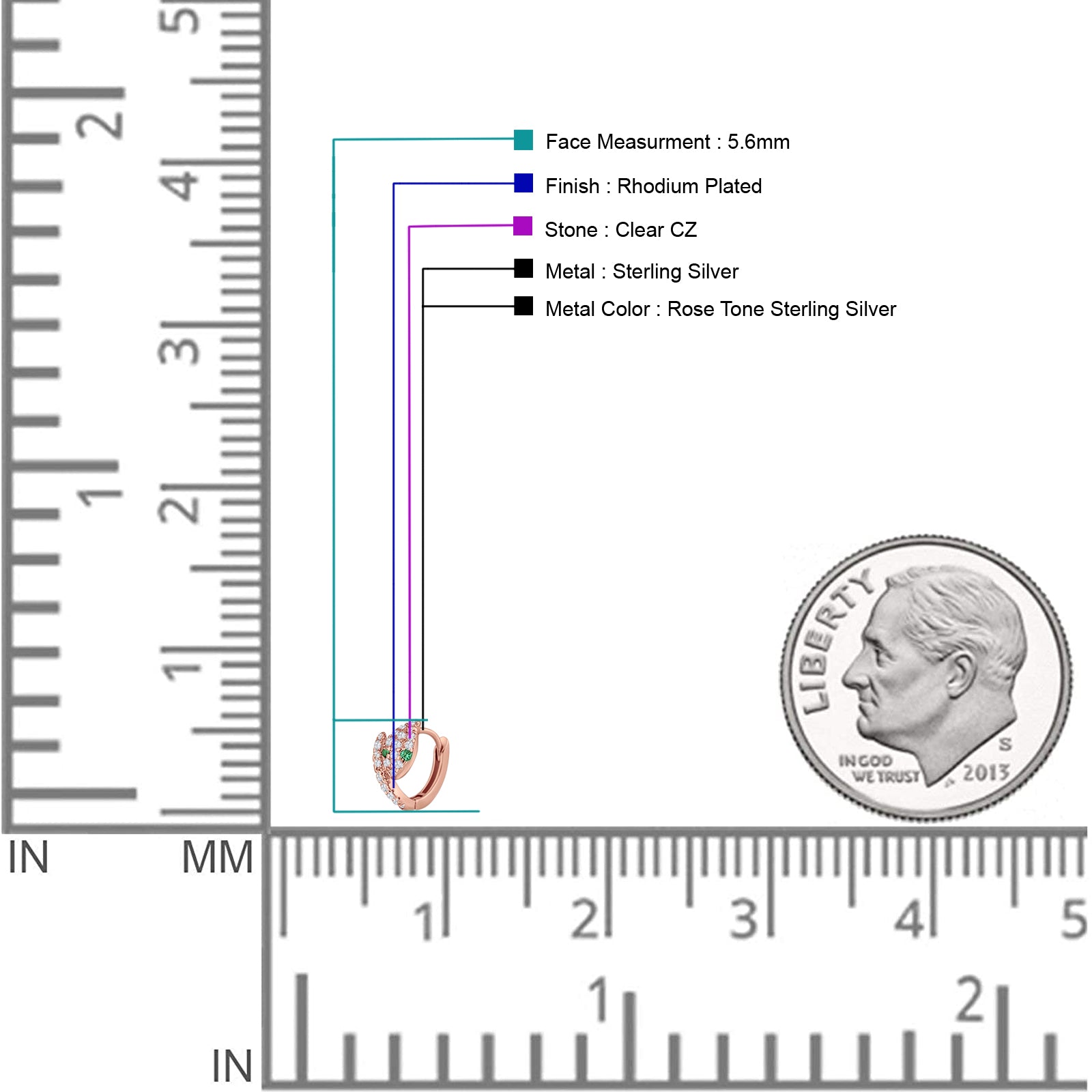 Minimalist 5.6mm Snake Huggie Hoop Earring Cubic Zirconia 925 Sterling Silver