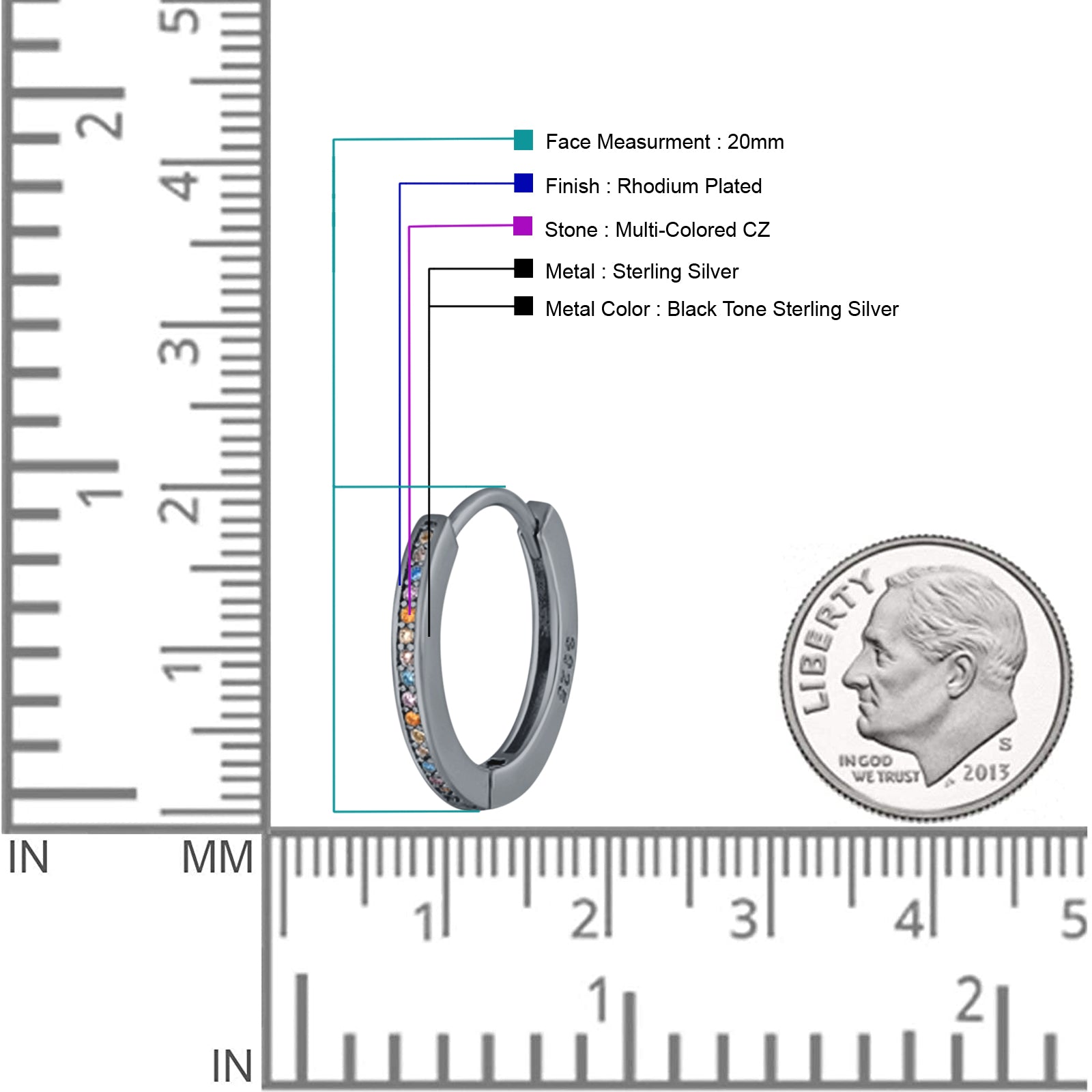 Round 20mm Multicolor Cubic Zirconia Huggie Hoop Earrings 925 Sterling Silver