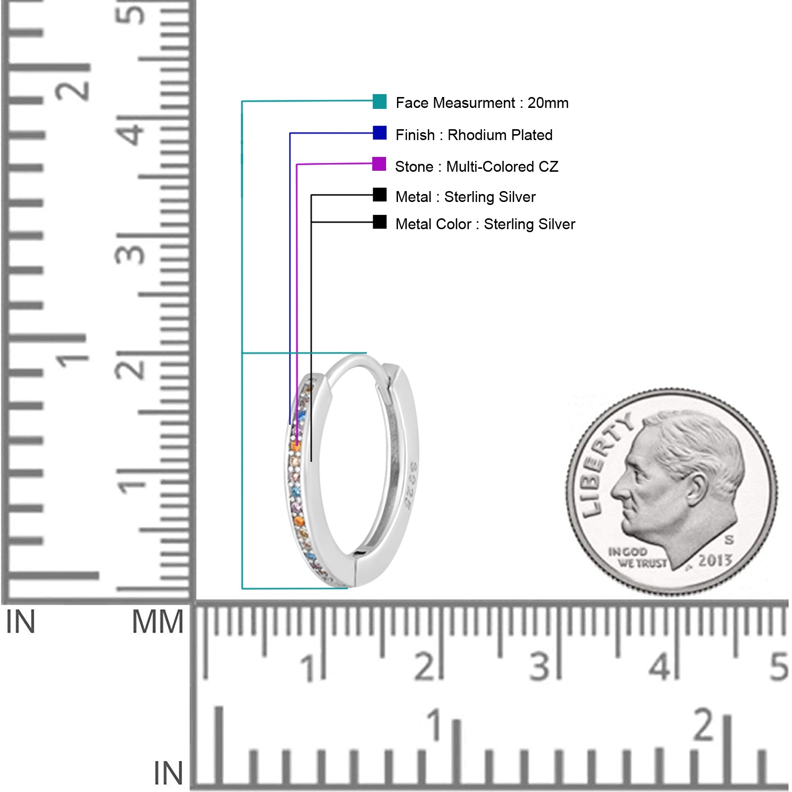 Round 20mm Multicolor Cubic Zirconia Huggie Hoop Earrings 925 Sterling Silver