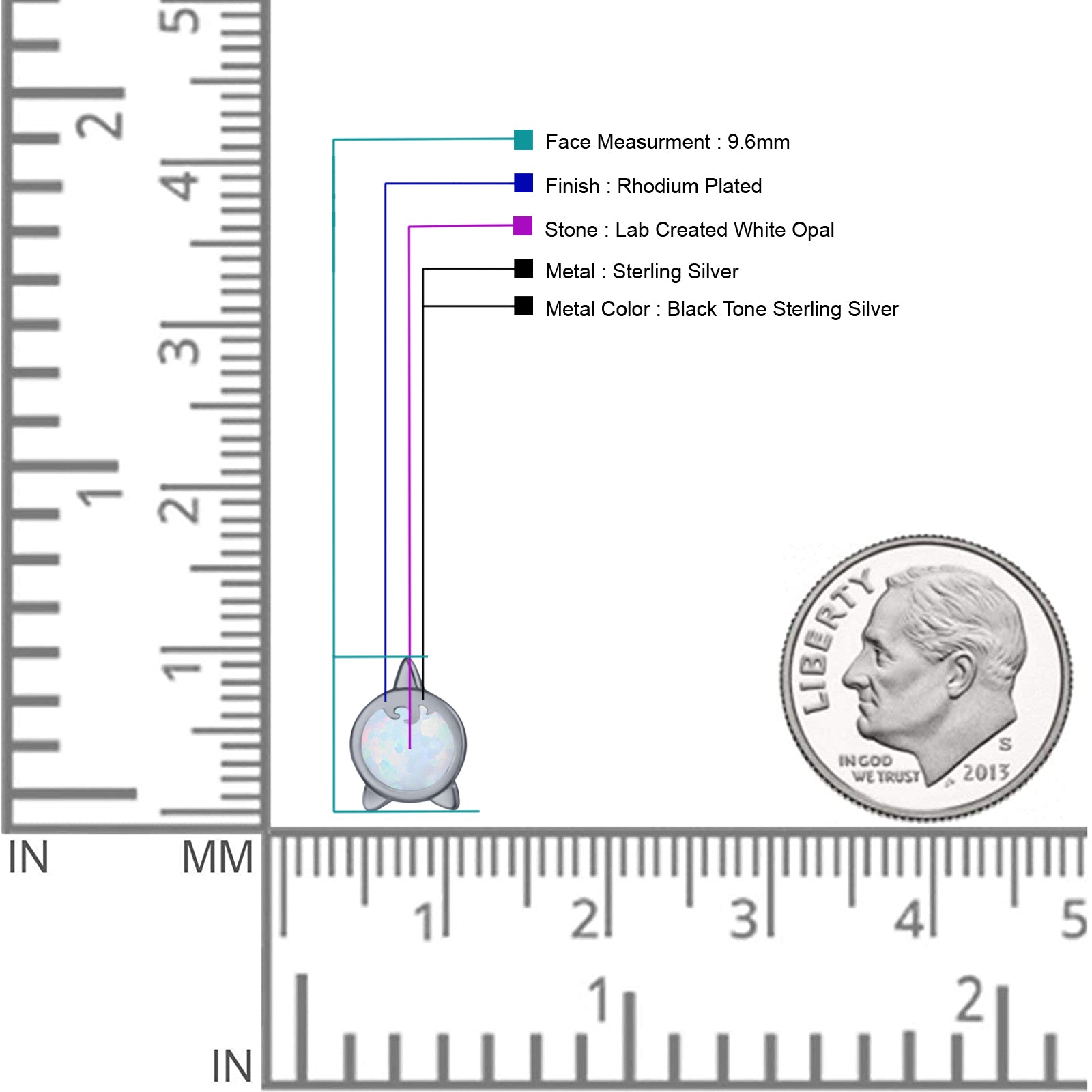 Round 9.6mm Lab Created Opal Unicorn Stud Earring 925 Sterling Silver
