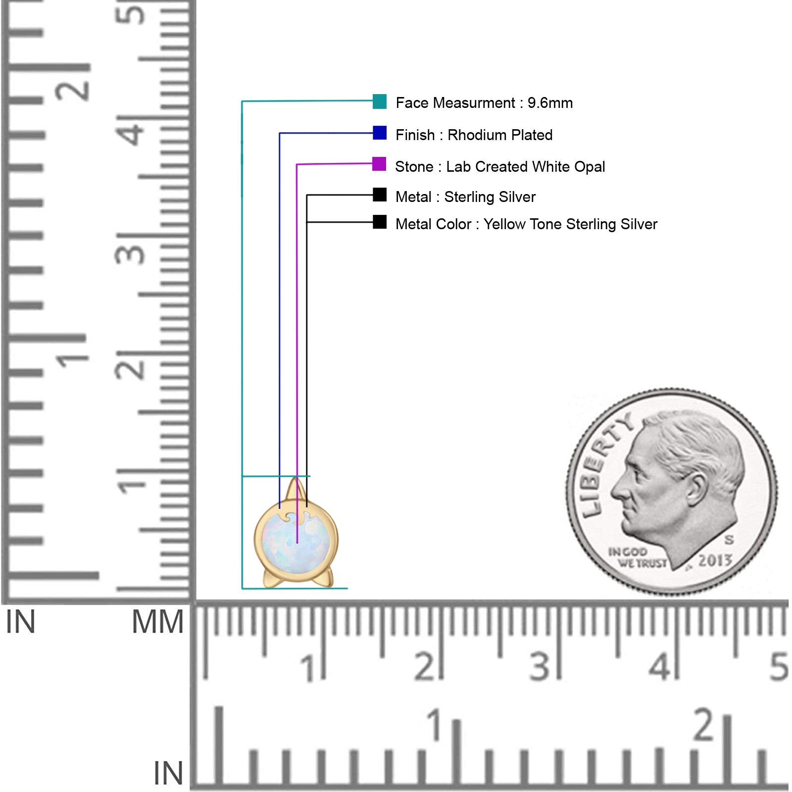 Round 9.6mm Lab Created Opal Unicorn Stud Earring 925 Sterling Silver