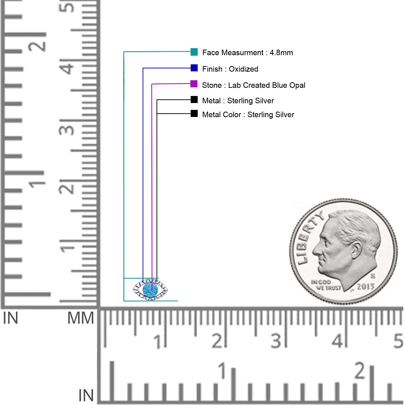 Eyelashes Eye Stud Earring 4.8mm Lab Created Opal Oxidized 925 Sterling Silver