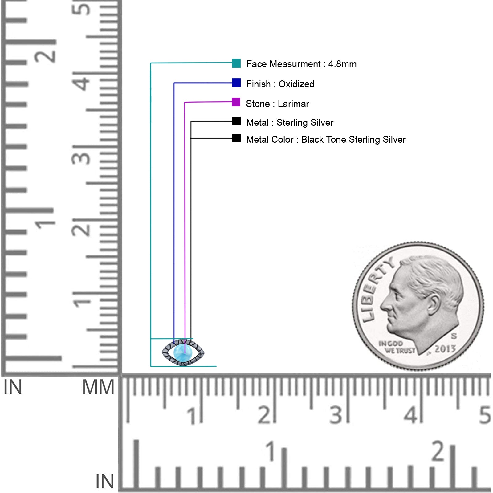 Eyelashes Eye Stud Earring 4.8mm Lab Created Opal Oxidized 925 Sterling Silver