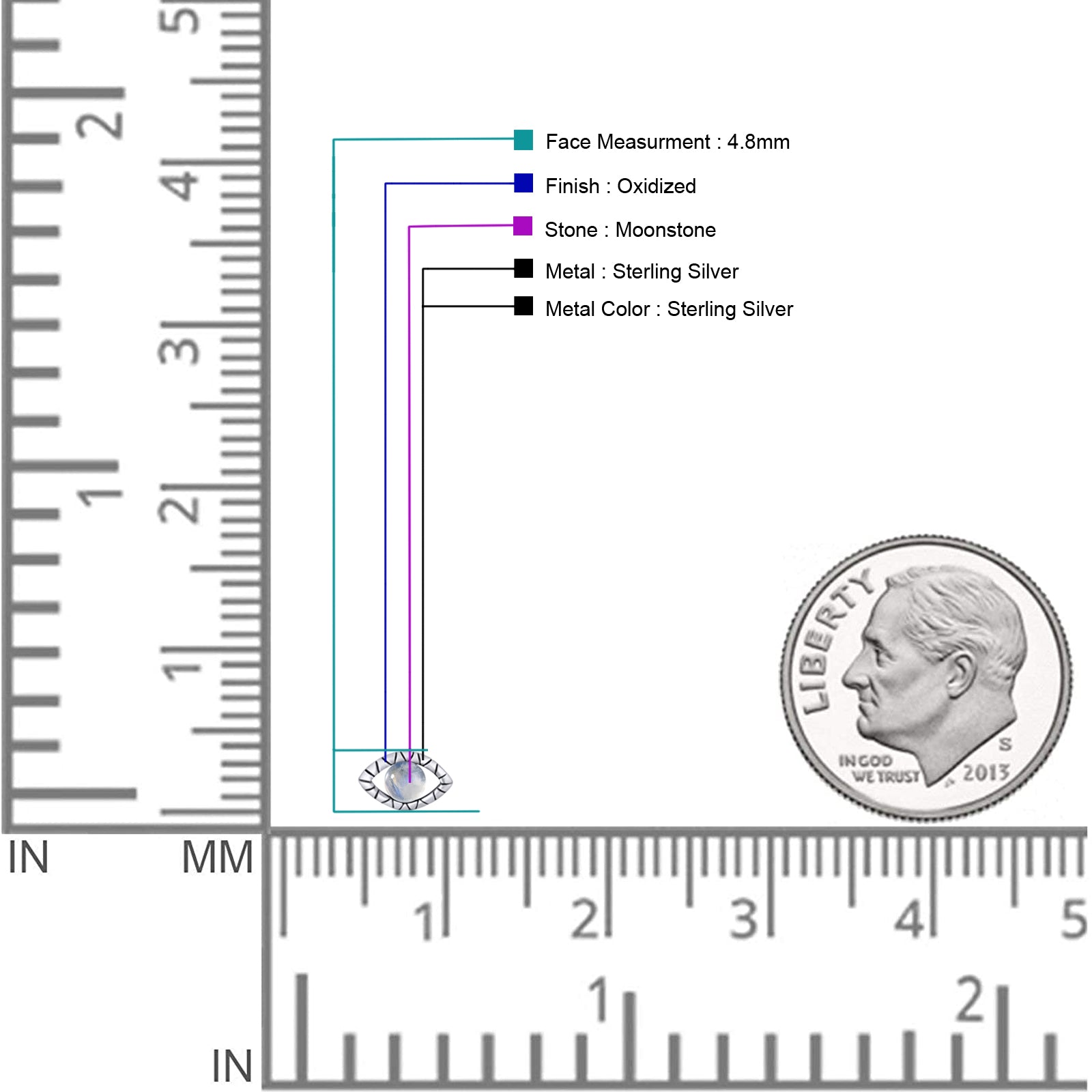 Eyelashes Eye Stud Earring 4.8mm Lab Created Opal Oxidized 925 Sterling Silver