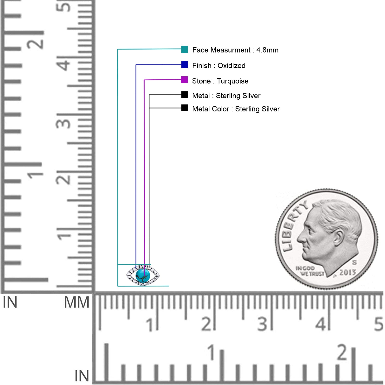Eyelashes Eye Stud Earring 4.8mm Lab Created Opal Oxidized 925 Sterling Silver
