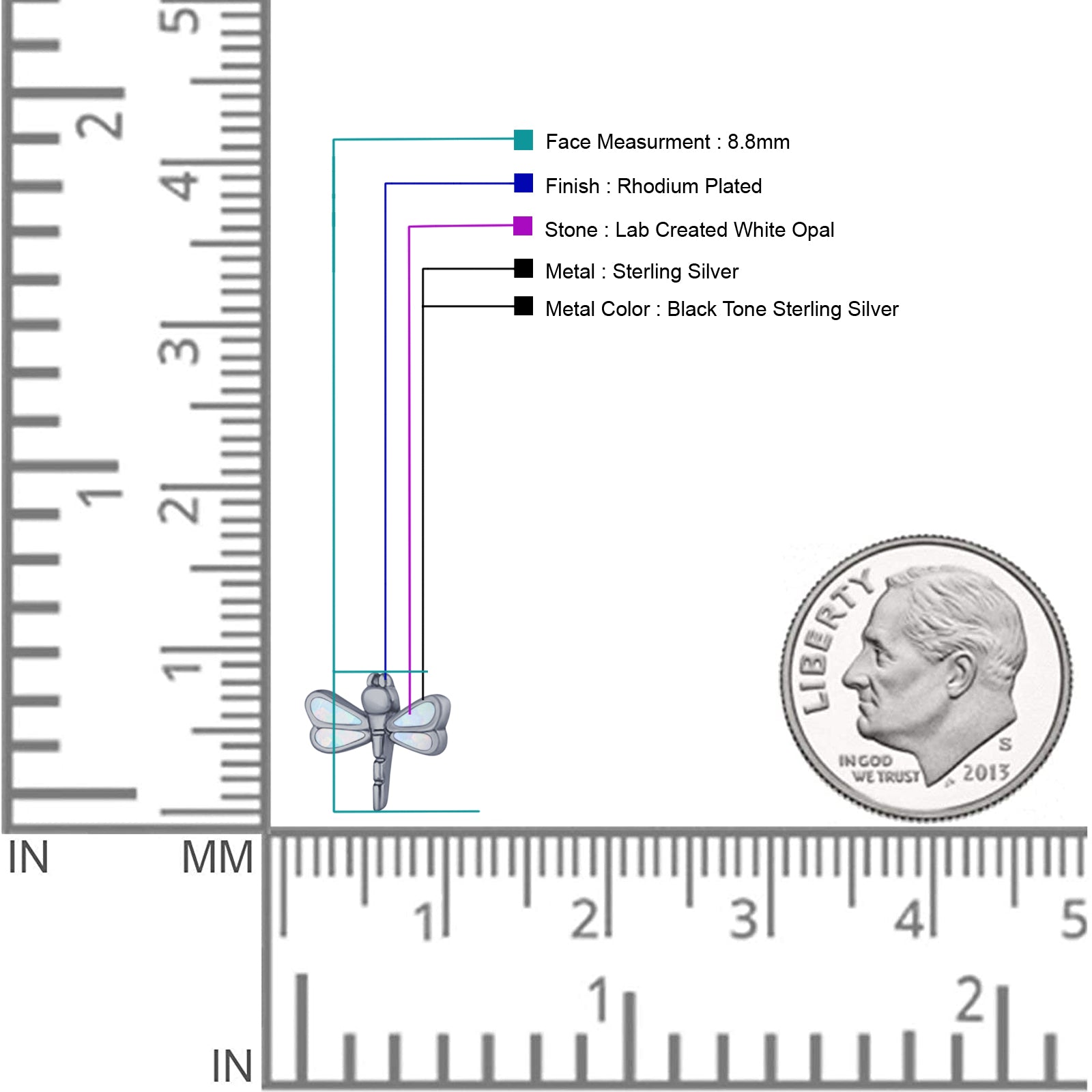 Dragonfly Stud Earring 8.8mm Lab Created Opal 925 Sterling Silver