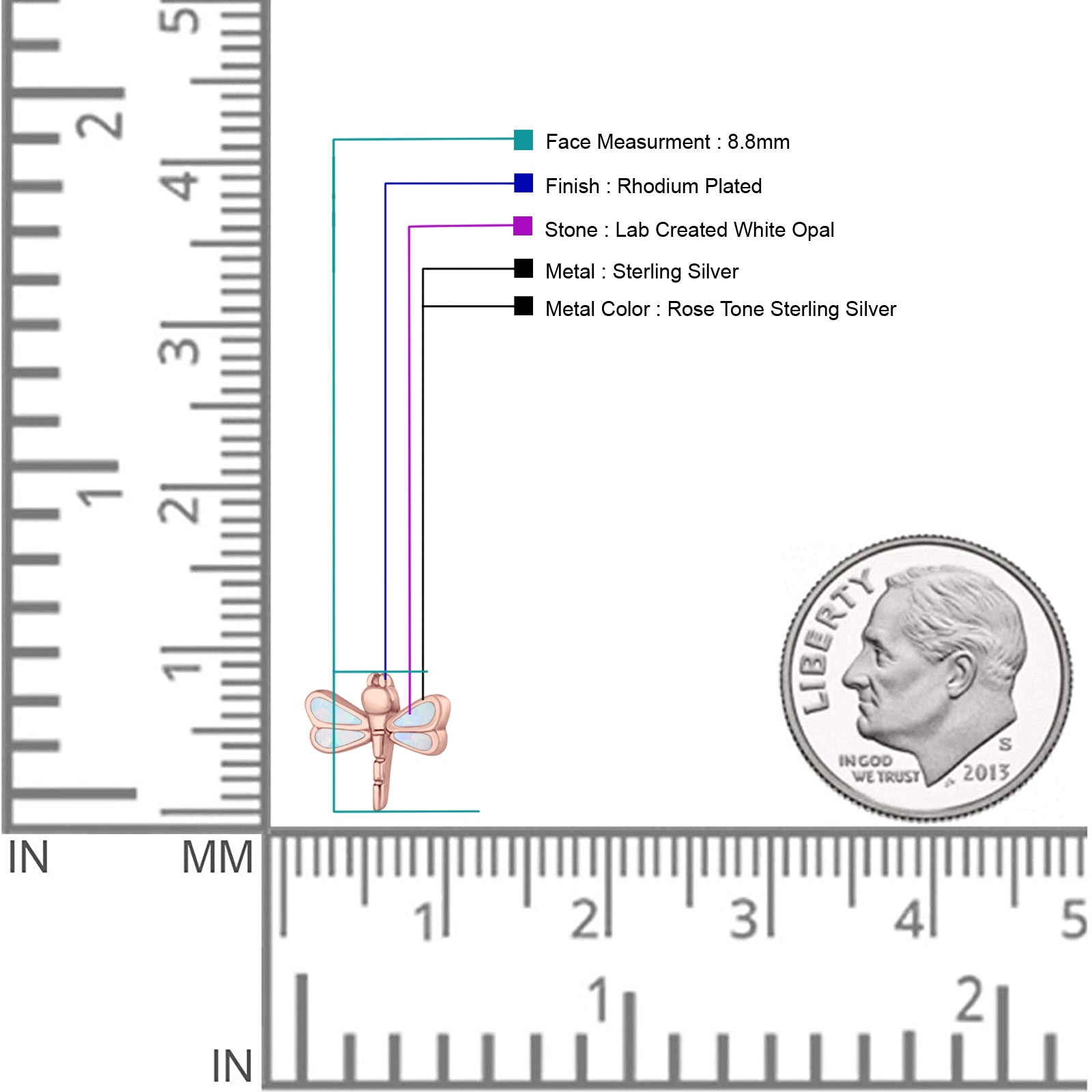Dragonfly Stud Earring 8.8mm Lab Created Opal 925 Sterling Silver