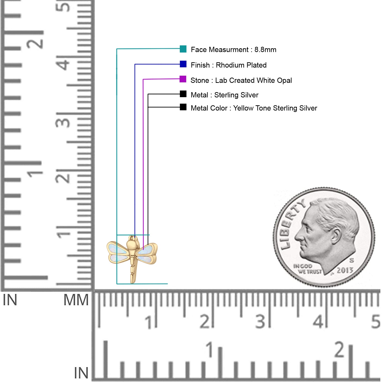 Dragonfly Stud Earring 8.8mm Lab Created Opal 925 Sterling Silver