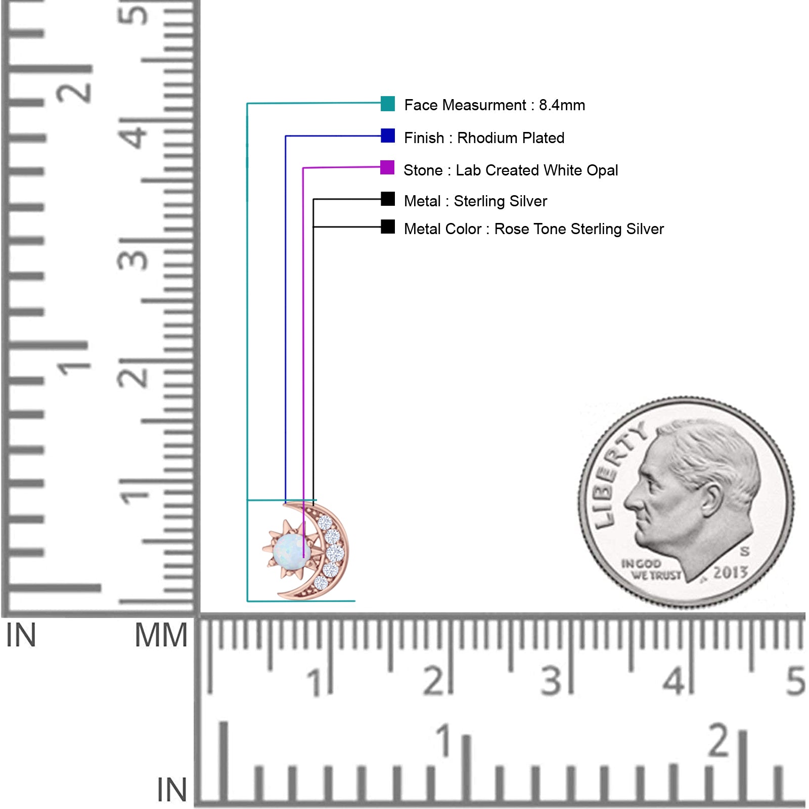 Moon & Star 8.4mm Stud Earring Lab Created White Opal 925 Sterling Silver