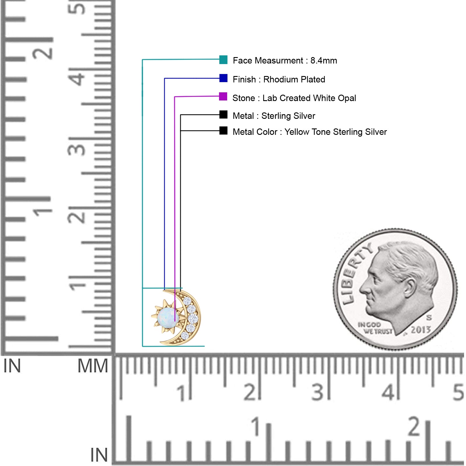 Moon & Star 8.4mm Stud Earring Lab Created White Opal 925 Sterling Silver