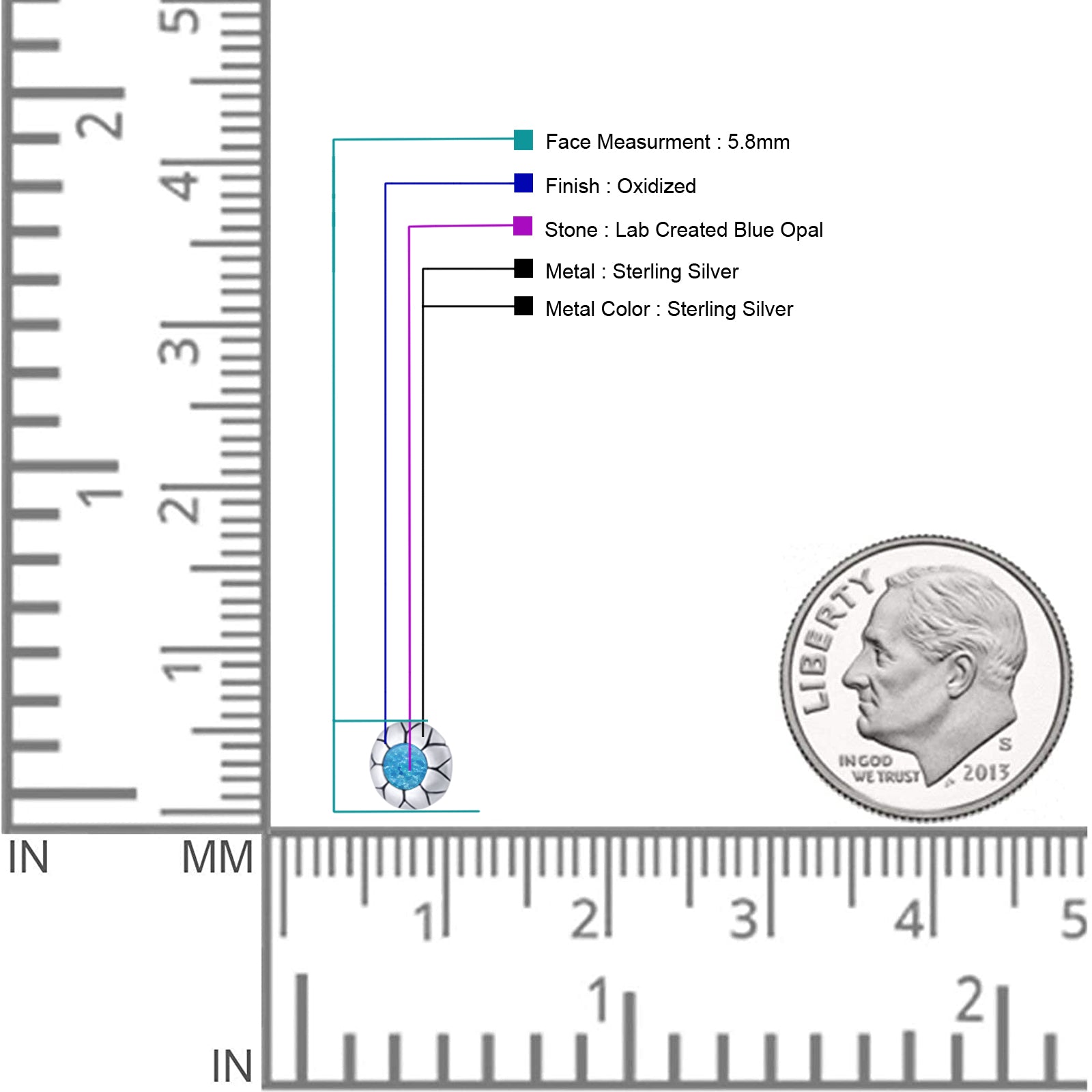Flower Stud Earring 5.8mm Lab Created Opal Oxidized 925 Sterling Silver
