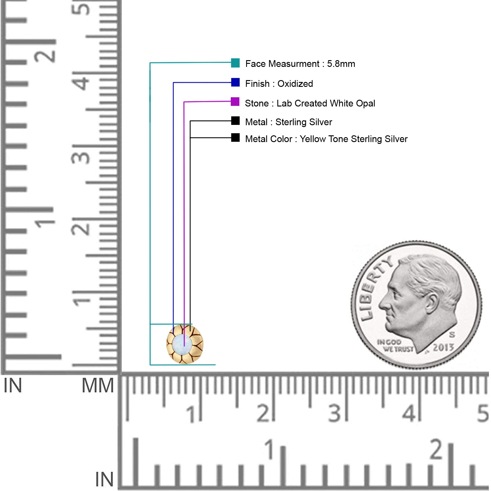 Flower Stud Earring 5.8mm Lab Created Opal Oxidized 925 Sterling Silver