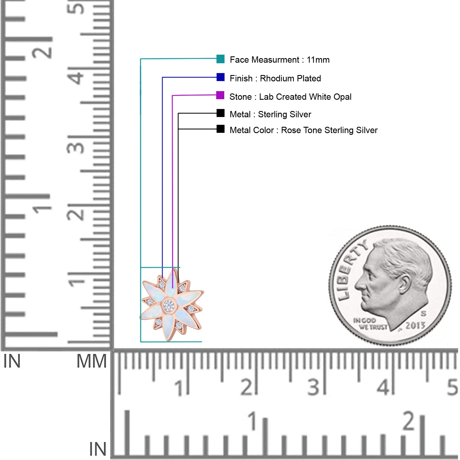 Flower Stud Earring 11mm Floral Lab Created Opal 925 Sterling Silver