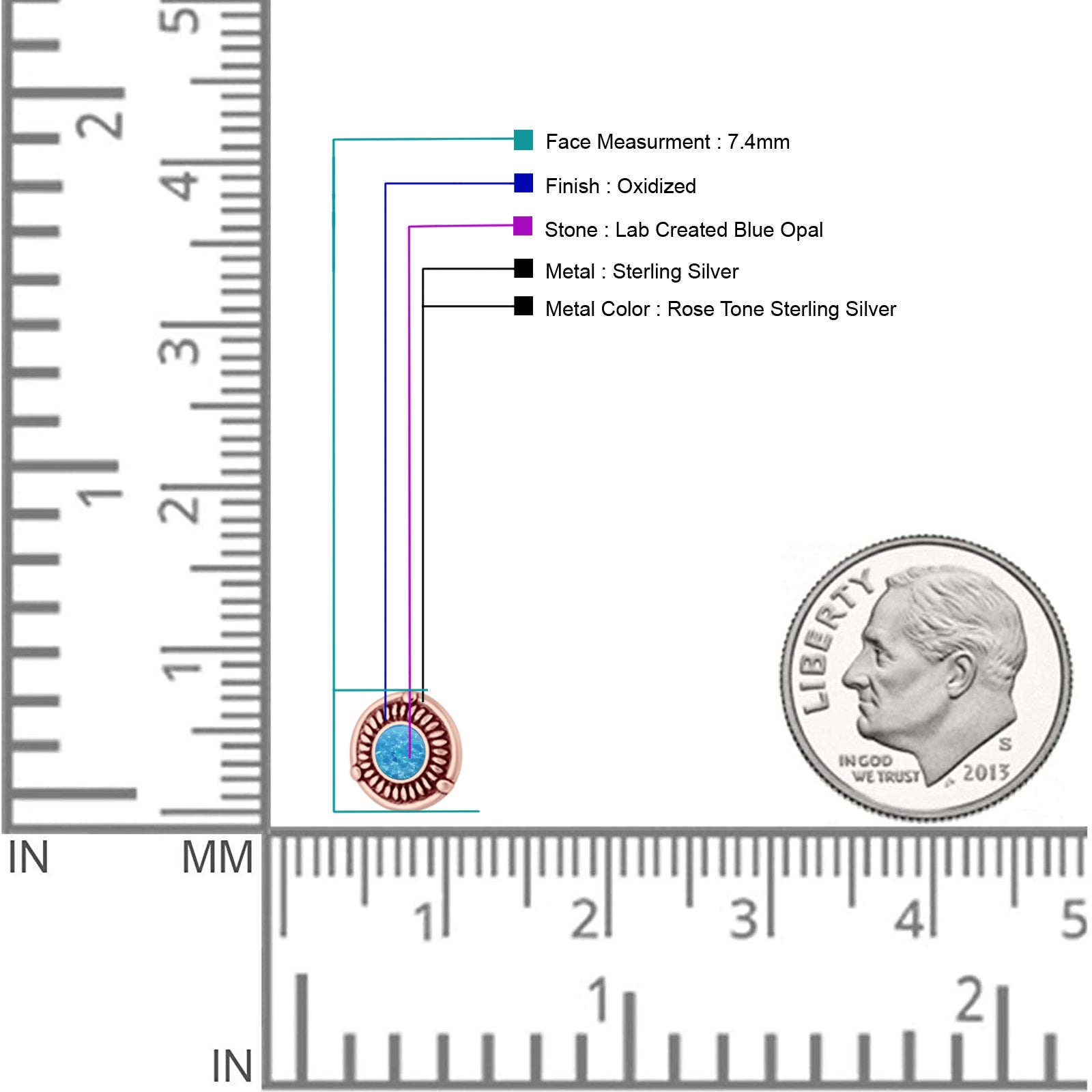 Floral Boho Stud Earring 7.4mm Oxidized Lab Created Opal 925 Sterling Silver