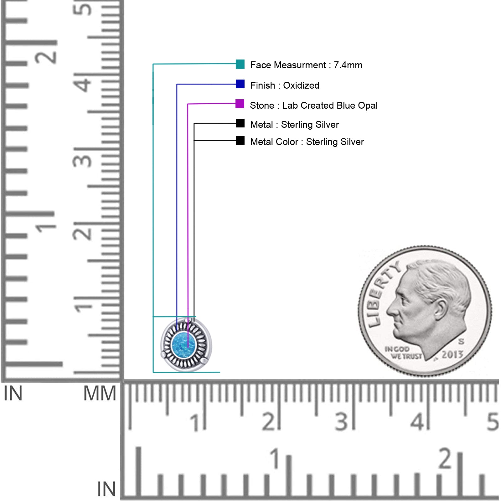 Floral Boho Stud Earring 7.4mm Oxidized Lab Created Opal 925 Sterling Silver