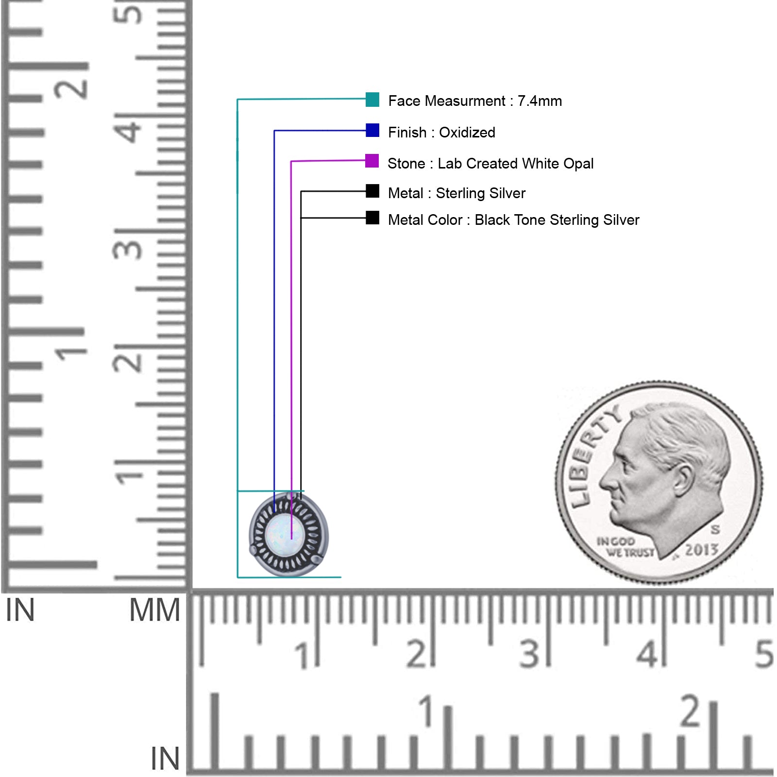 Floral Boho Stud Earring 7.4mm Oxidized Lab Created Opal 925 Sterling Silver