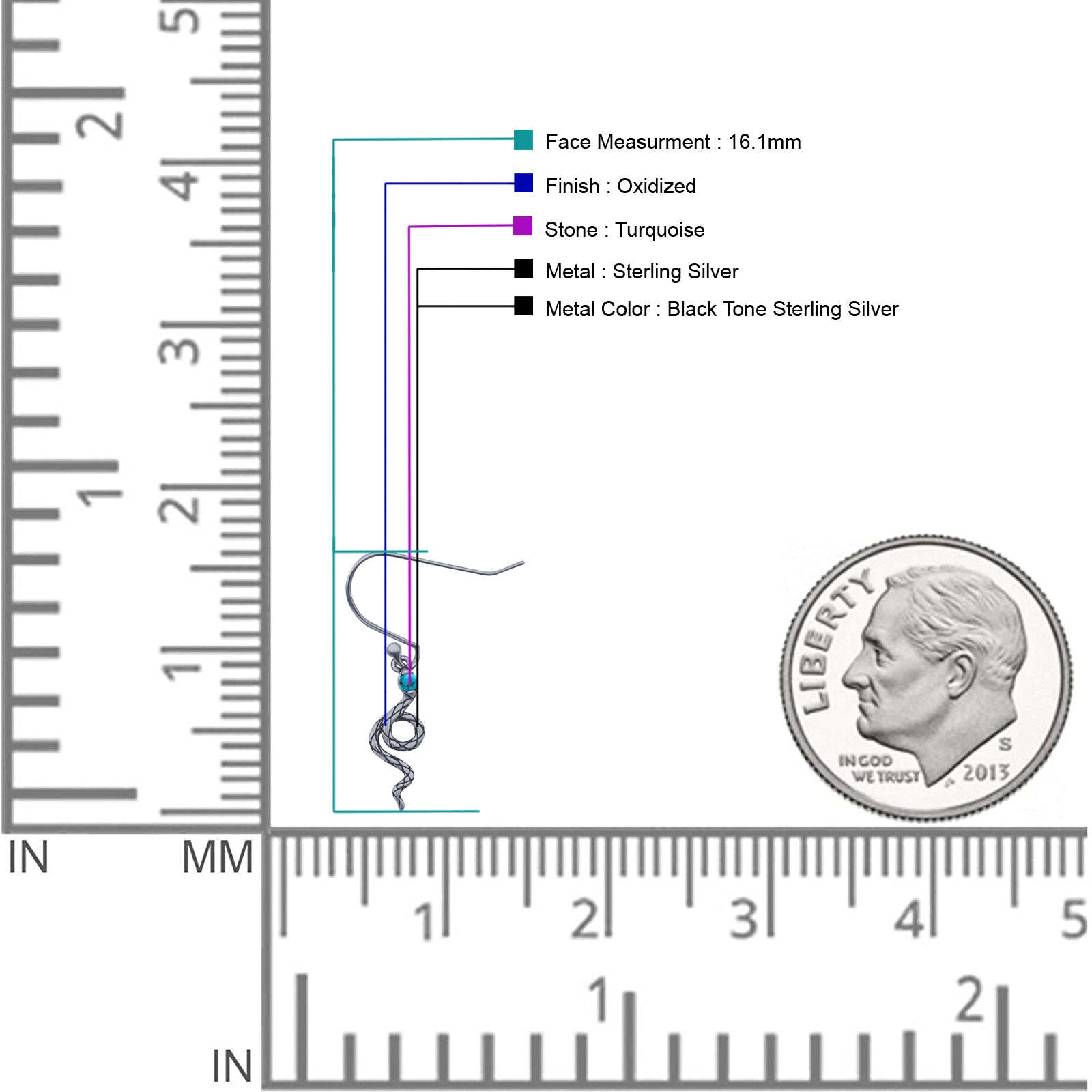 Round 16.1mm Lab Created Opal Oxidized Snake Fishhook Earring 925 Sterling Silver