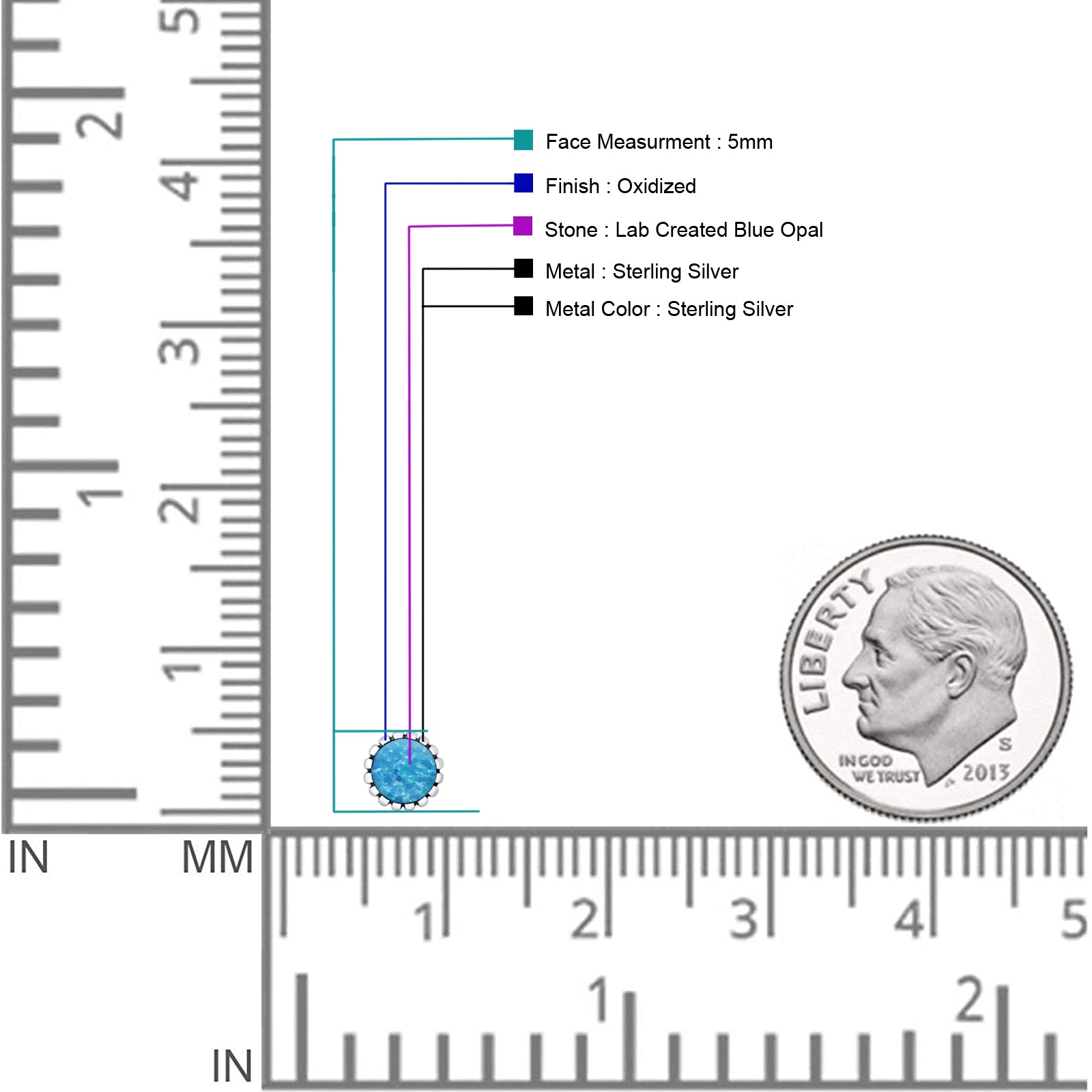 Half Ball Oxidized Round Stud Earring Lab Created Opal 925 Sterling Silver