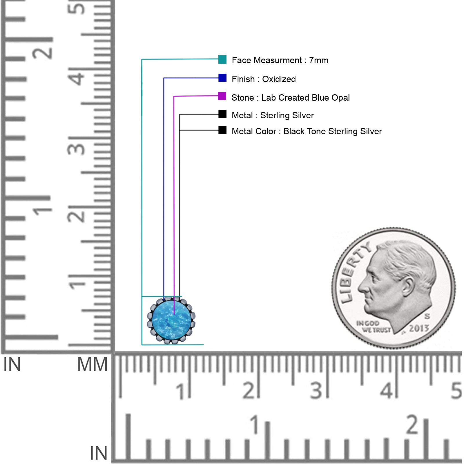 Half Ball Oxidized Round Stud Earring Lab Created Opal 925 Sterling Silver