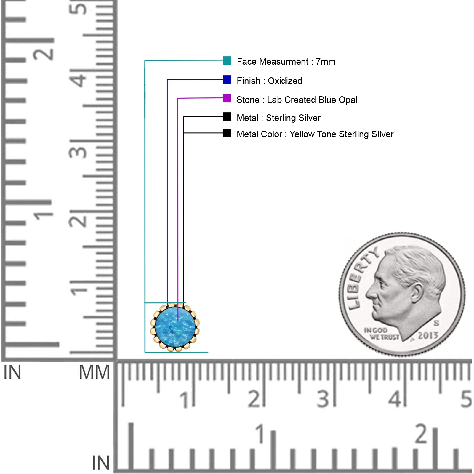 Half Ball Oxidized Round Stud Earring Lab Created Opal 925 Sterling Silver
