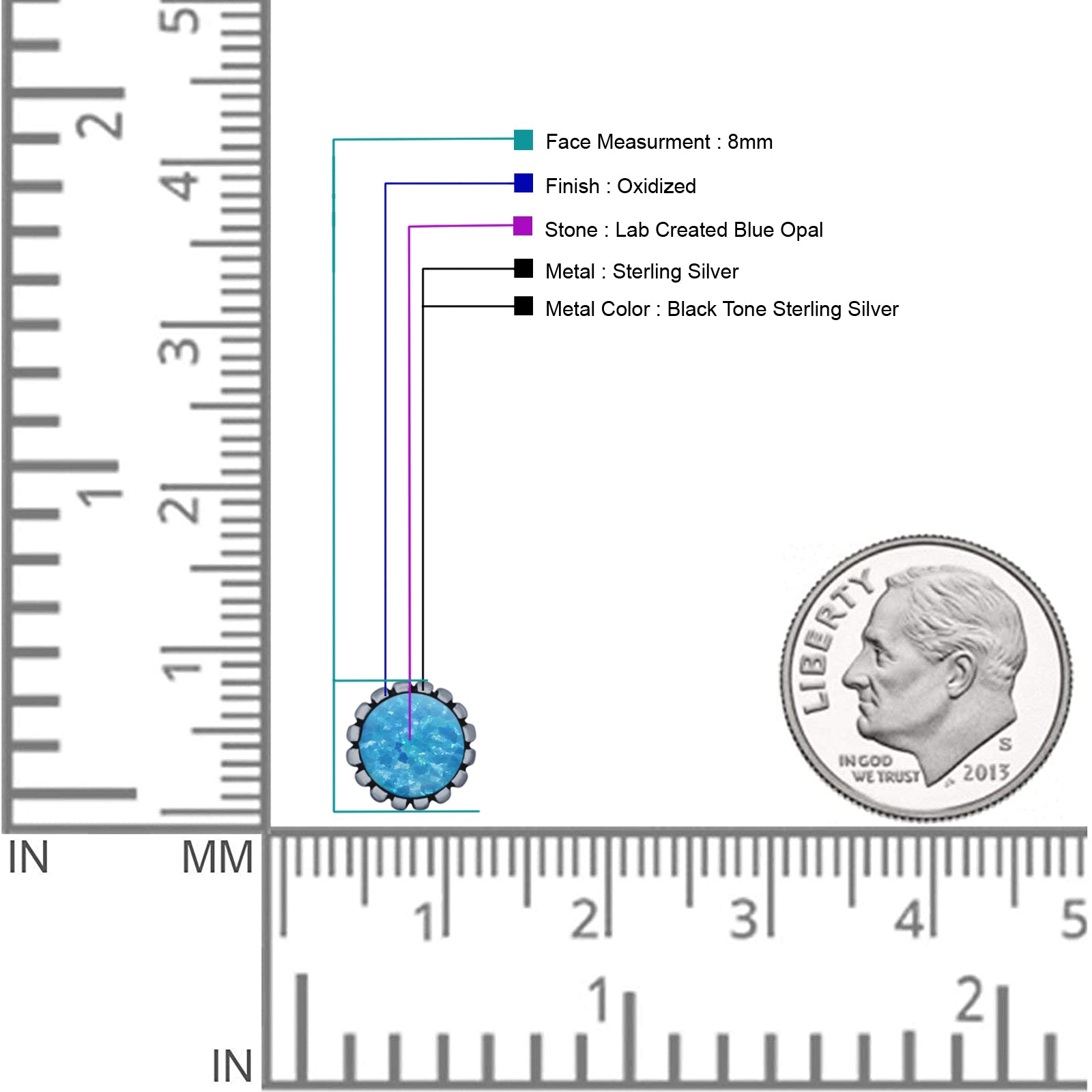 Half Ball Oxidized Round Stud Earring Lab Created Opal 925 Sterling Silver