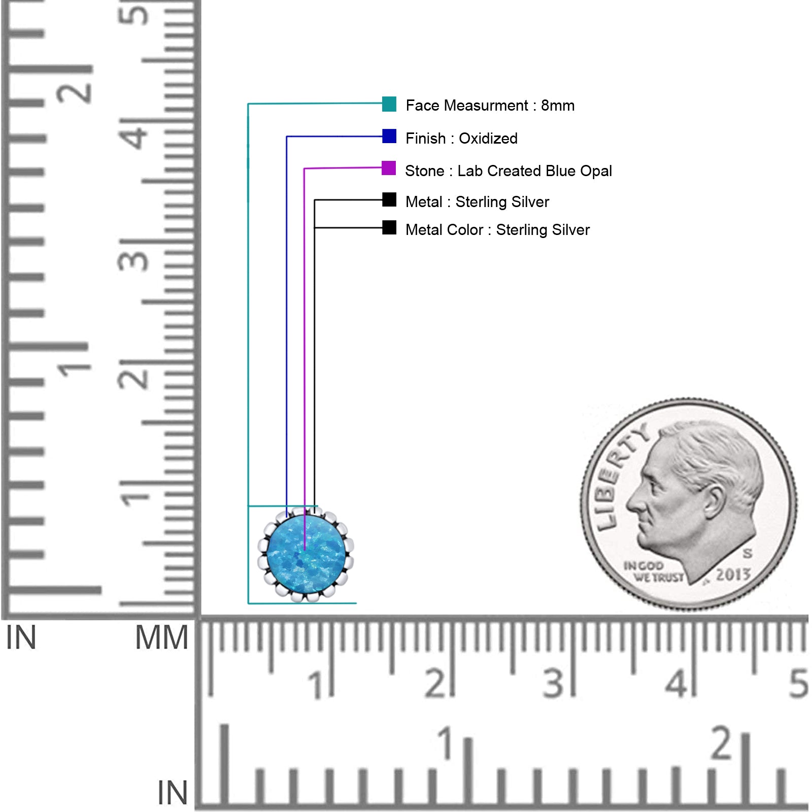 Half Ball Oxidized Round Stud Earring Lab Created Opal 925 Sterling Silver