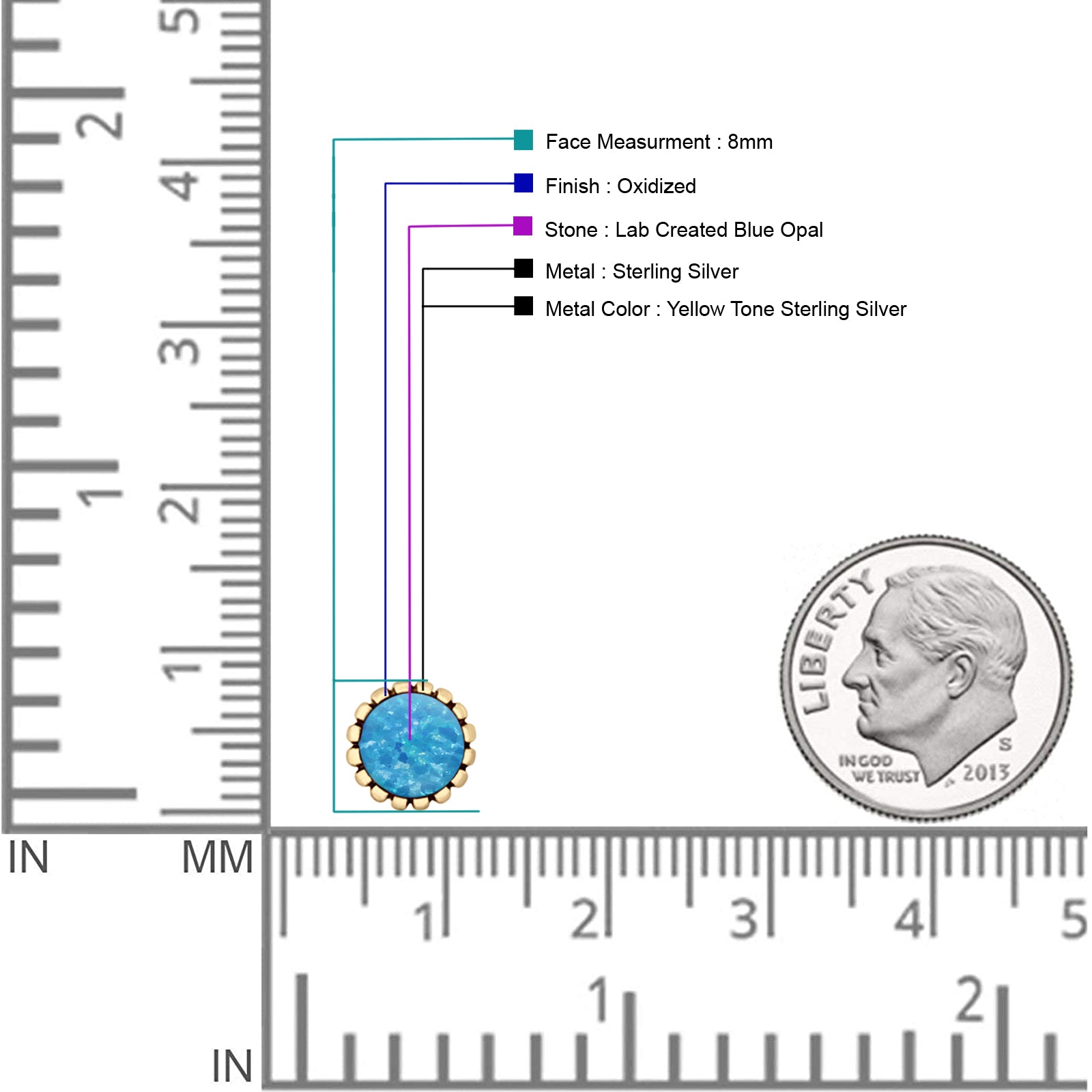 Half Ball Oxidized Round Stud Earring Lab Created Opal 925 Sterling Silver