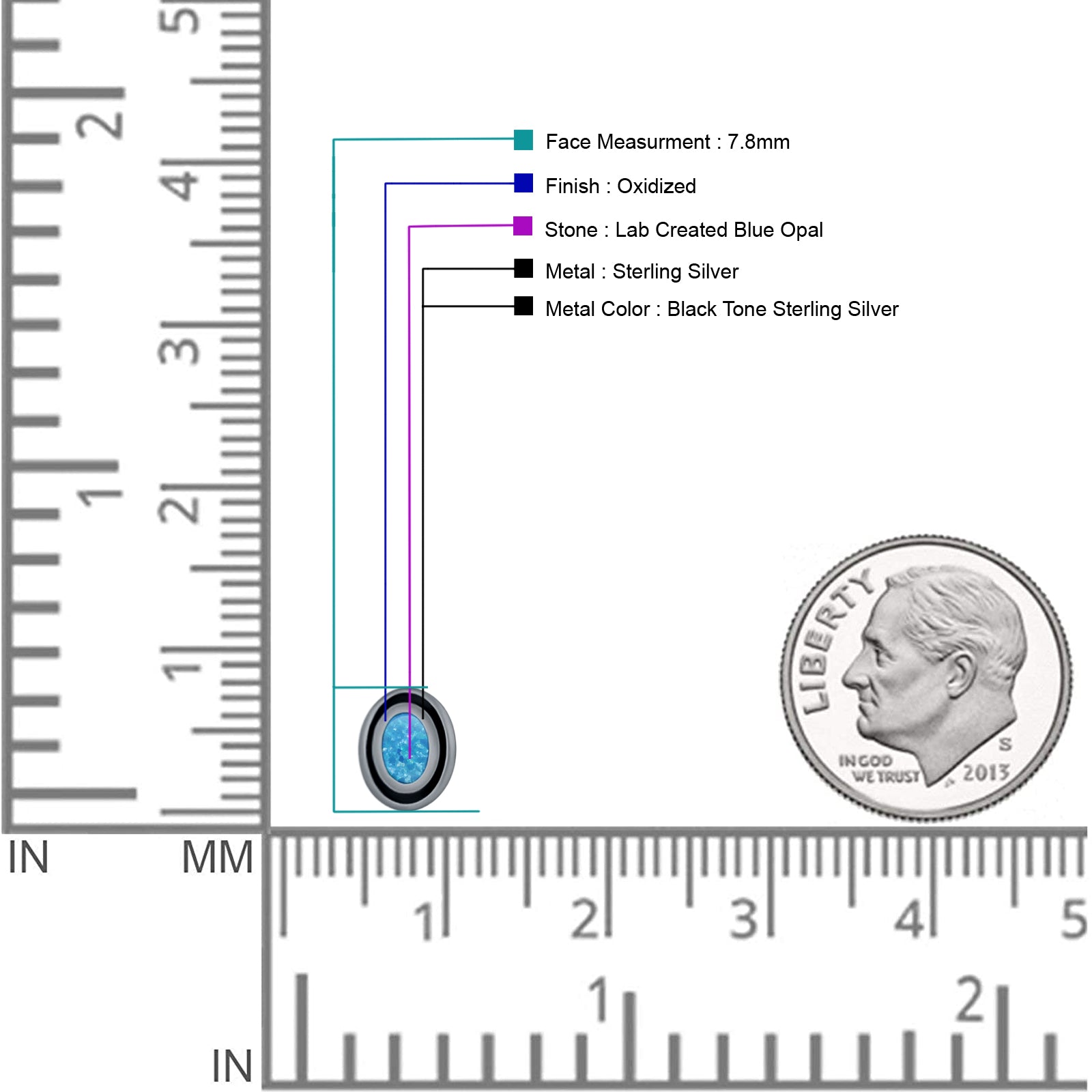 Oval Stud Earring 7.8mm Lab Created Opal Oxidized 925 Sterling Silver