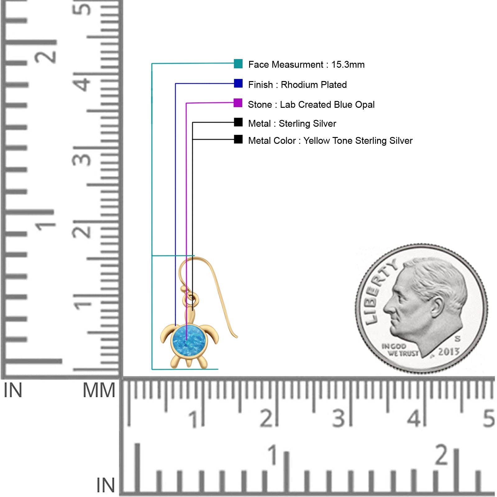 Round 15.3mm Lab Created Opal Turtle Fishhook Earring 925 Sterling Silver
