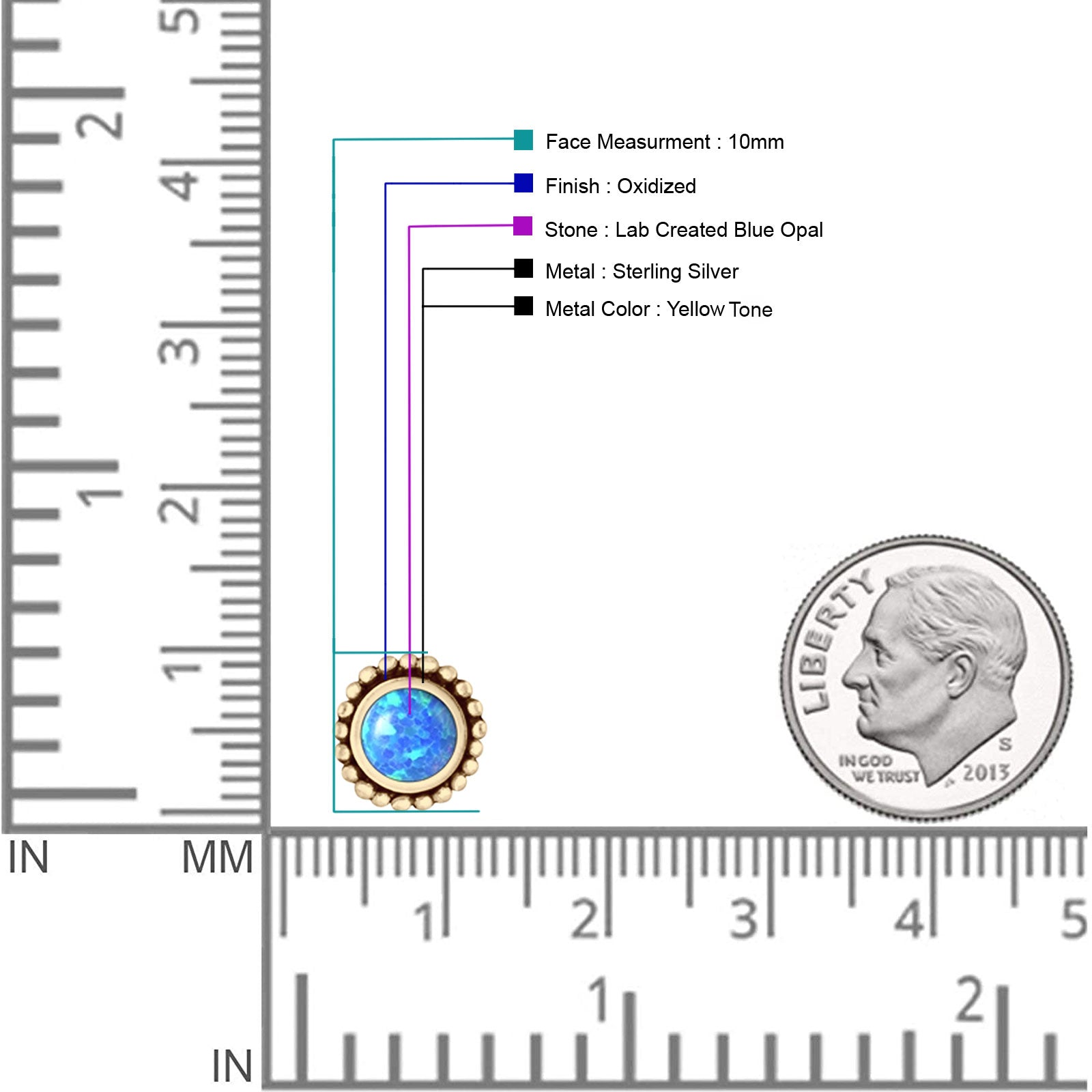 Round Lab Created Opal Beaded Oxidized Stud Earring 925 Sterling Silver