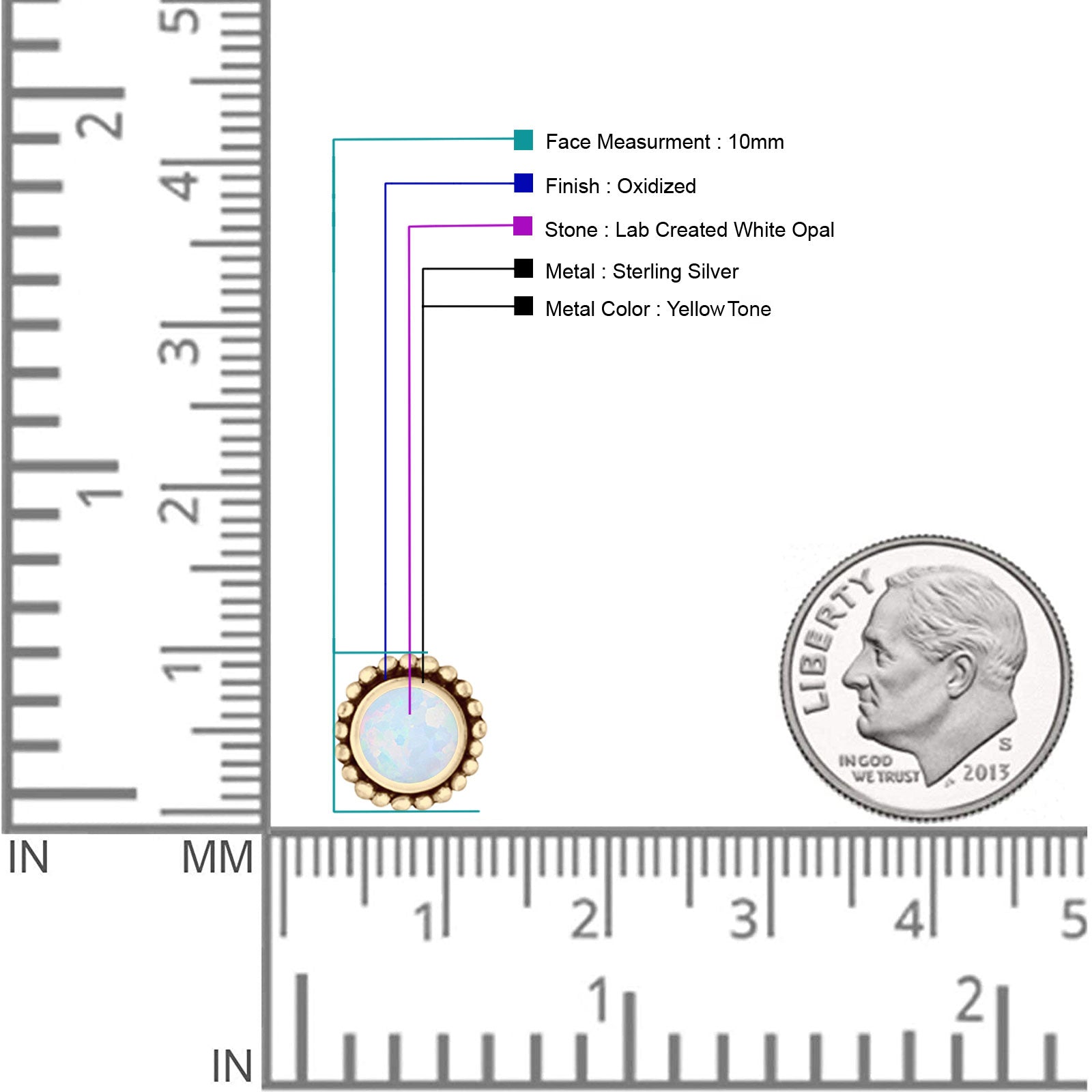 Round Lab Created Opal Beaded Oxidized Stud Earring 925 Sterling Silver