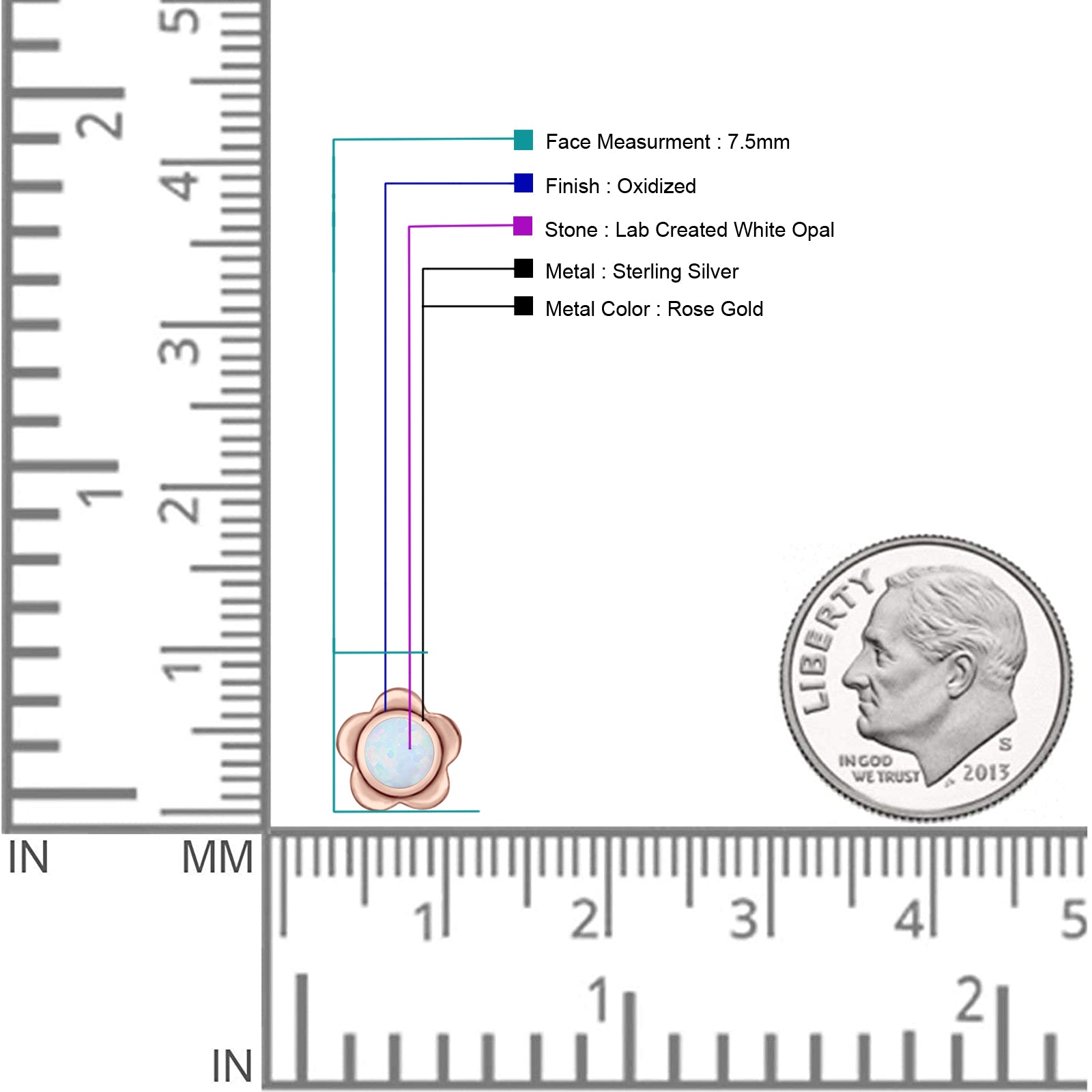 Flower 7.5mm Round Lab Created Opal Floral Stud Earring Oxidized 925 Sterling Silver