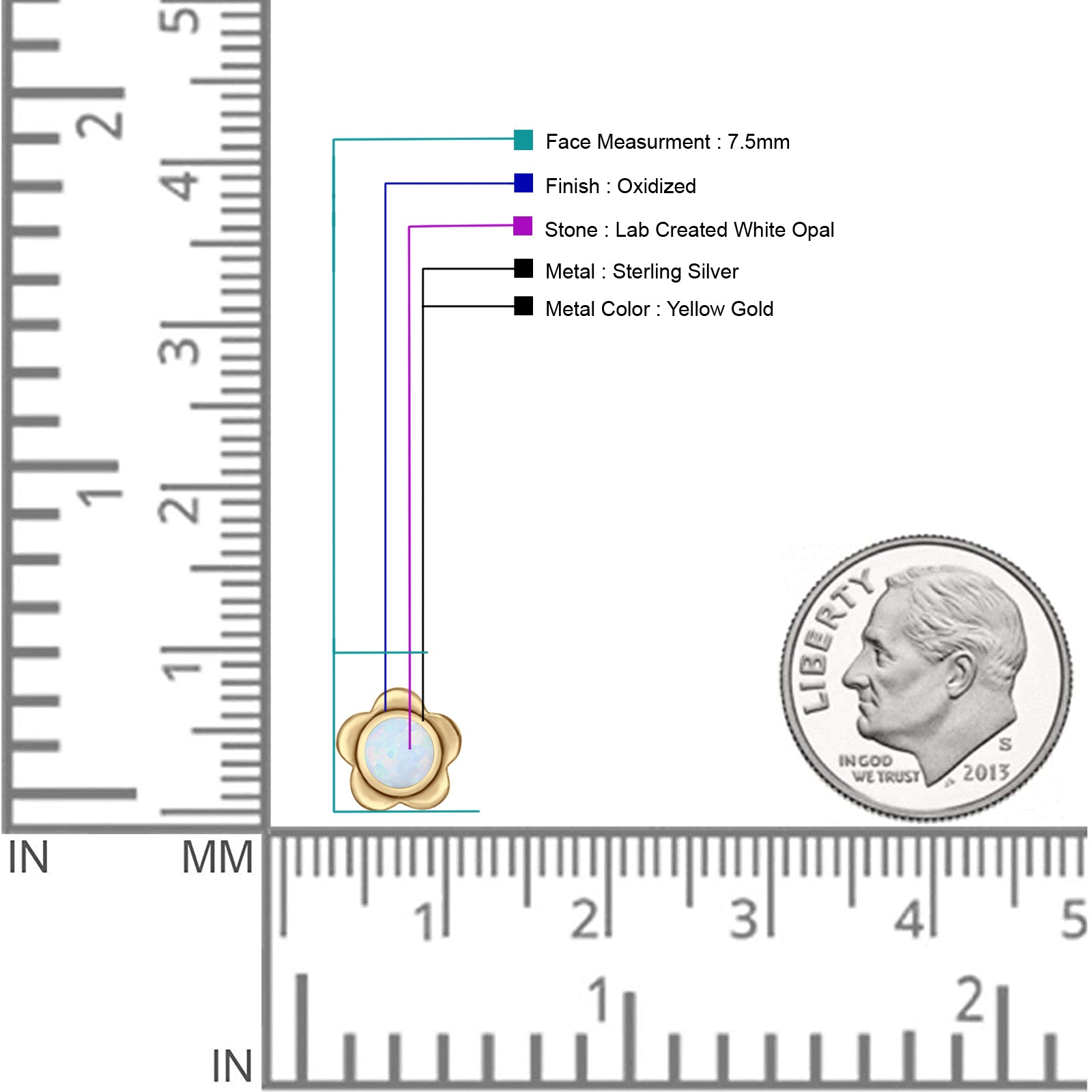 Flower 7.5mm Round Lab Created Opal Floral Stud Earring Oxidized 925 Sterling Silver