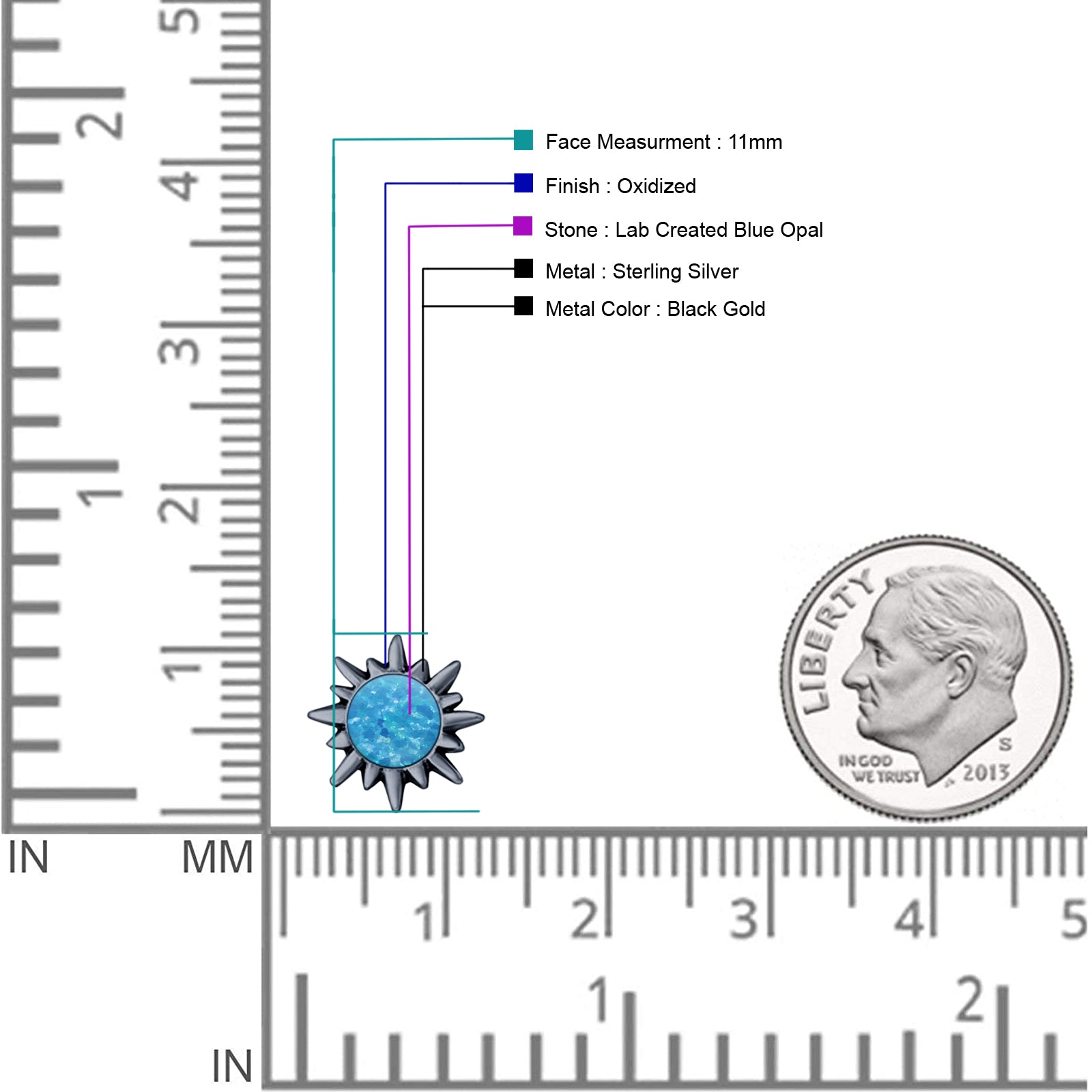 Sunflower 11mm Round Lab Created Opal Stud Earring Star Oxidized 925 Sterling Silver
