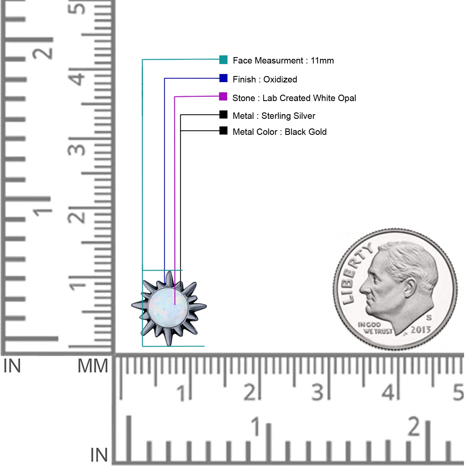 Sunflower 11mm Round Lab Created Opal Stud Earring Star Oxidized 925 Sterling Silver