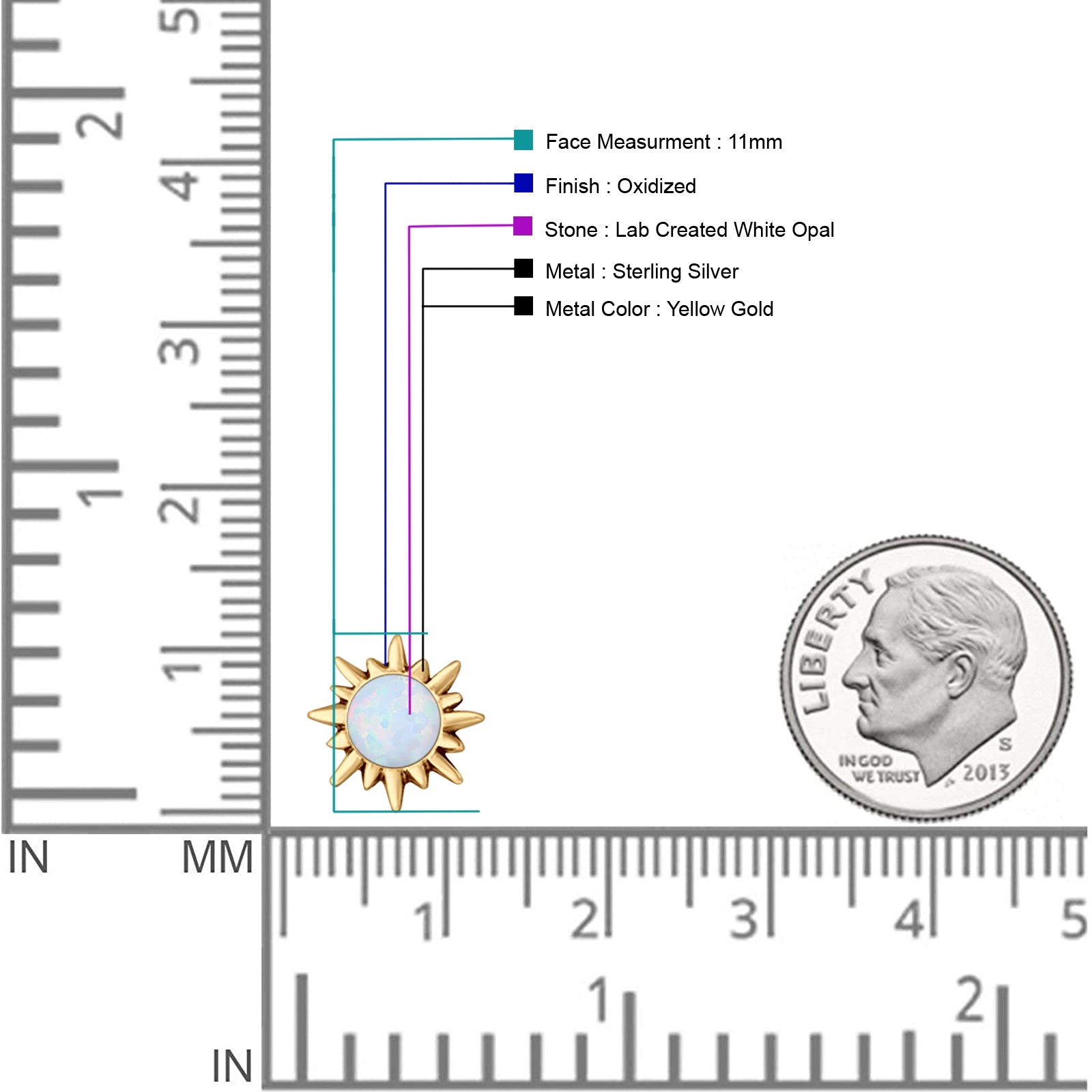 Sunflower 11mm Round Lab Created Opal Stud Earring Star Oxidized 925 Sterling Silver