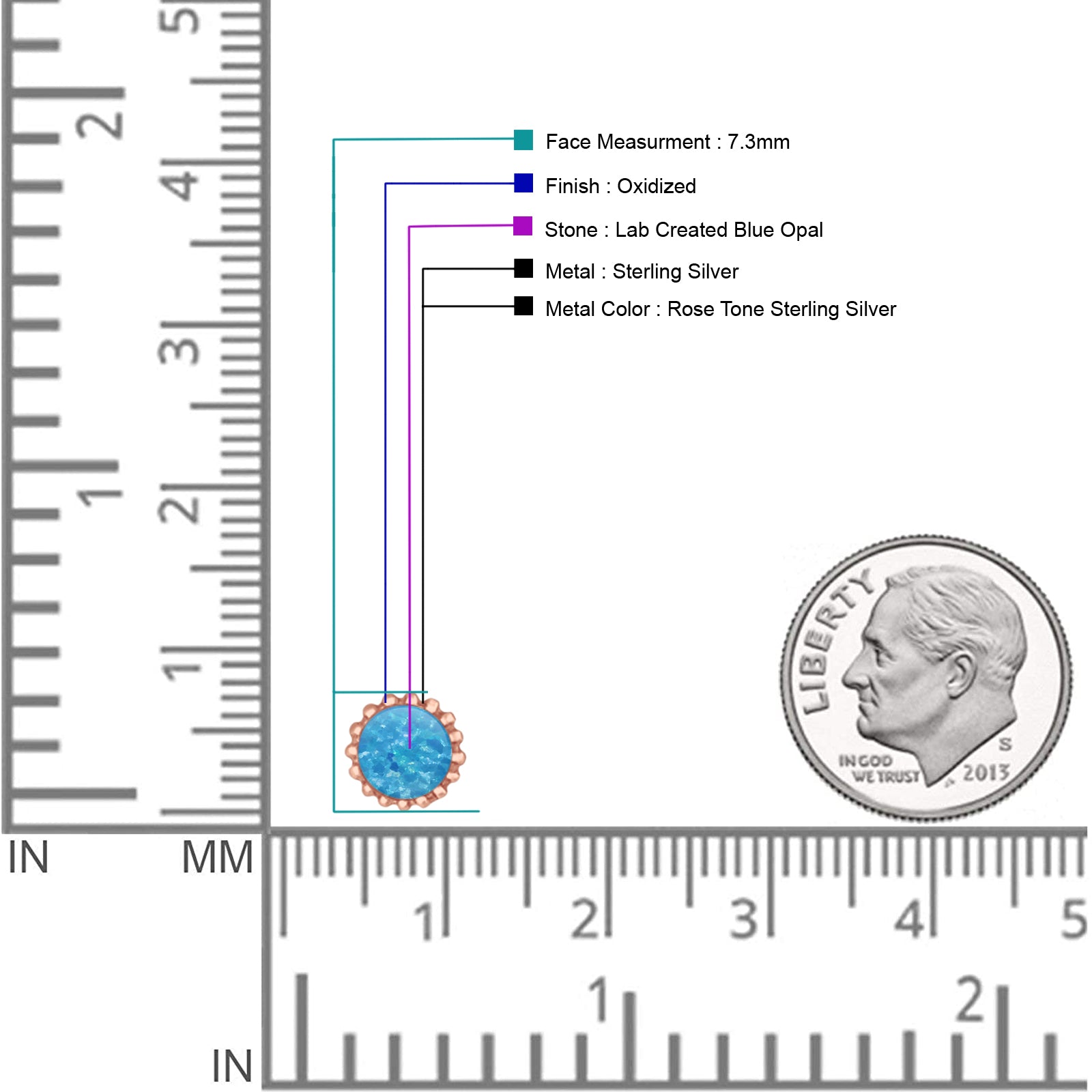 Round 7.3mm Stud Earring Lab Created Opal Oxidized 925 Sterling Silver