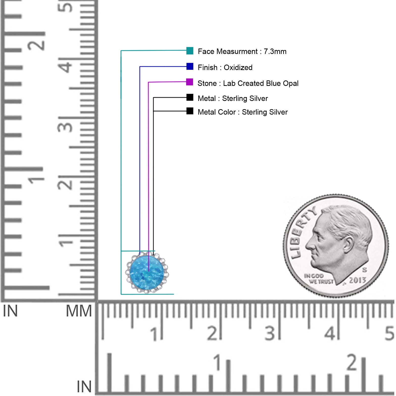 Round 7.3mm Stud Earring Lab Created Opal Oxidized 925 Sterling Silver