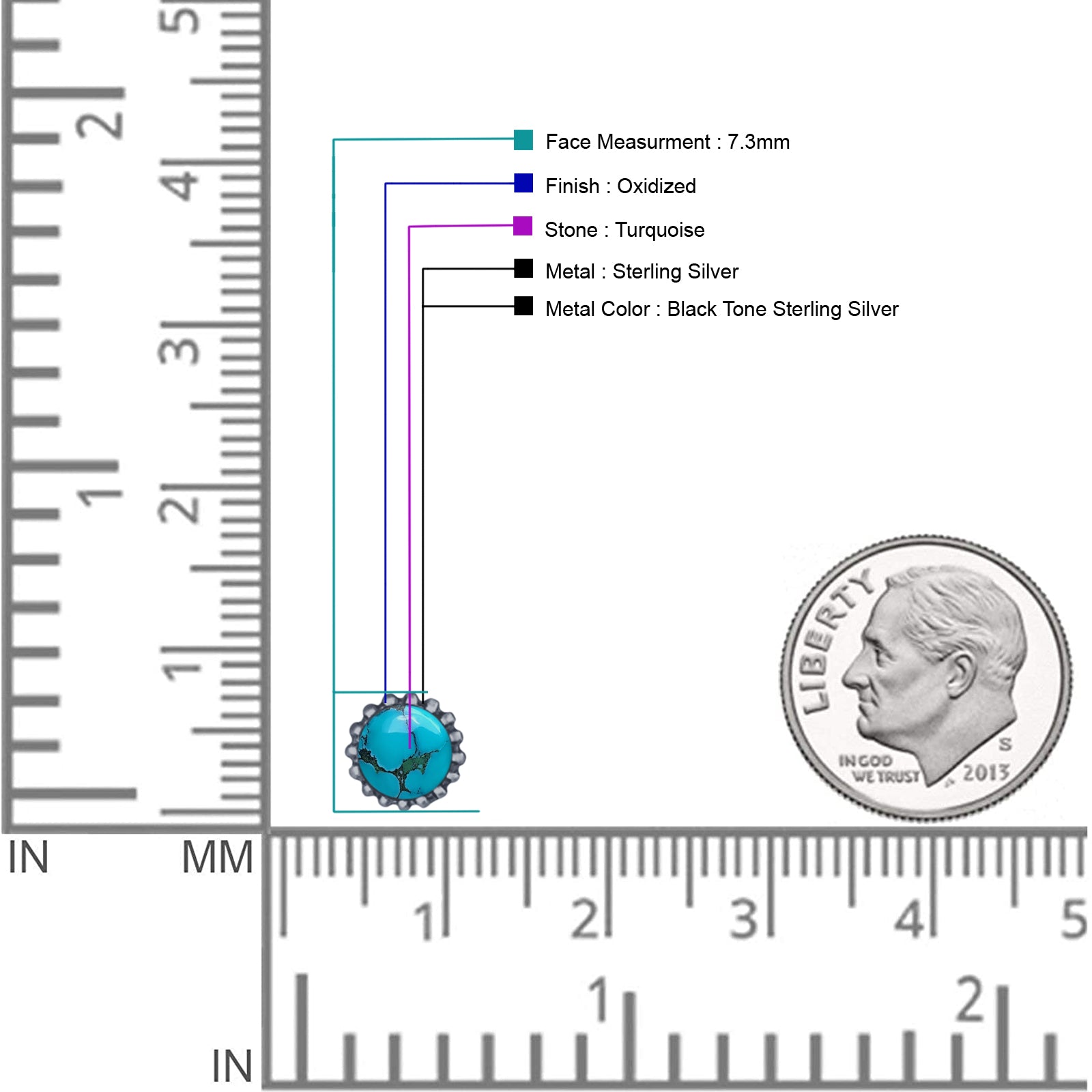Round 7.3mm Stud Earring Lab Created Opal Oxidized 925 Sterling Silver
