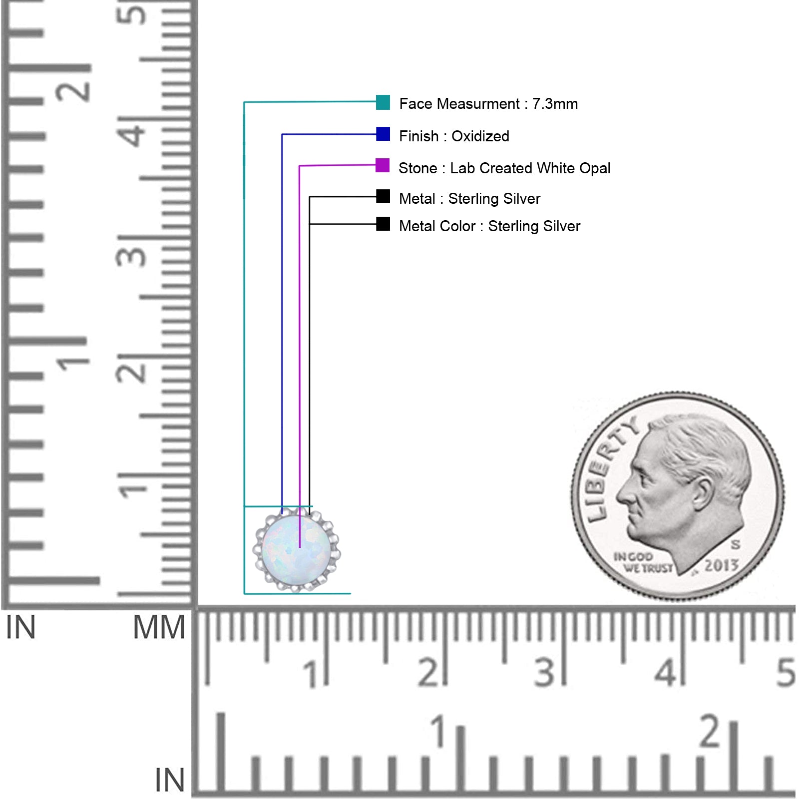 Round 7.3mm Stud Earring Lab Created Opal Oxidized 925 Sterling Silver