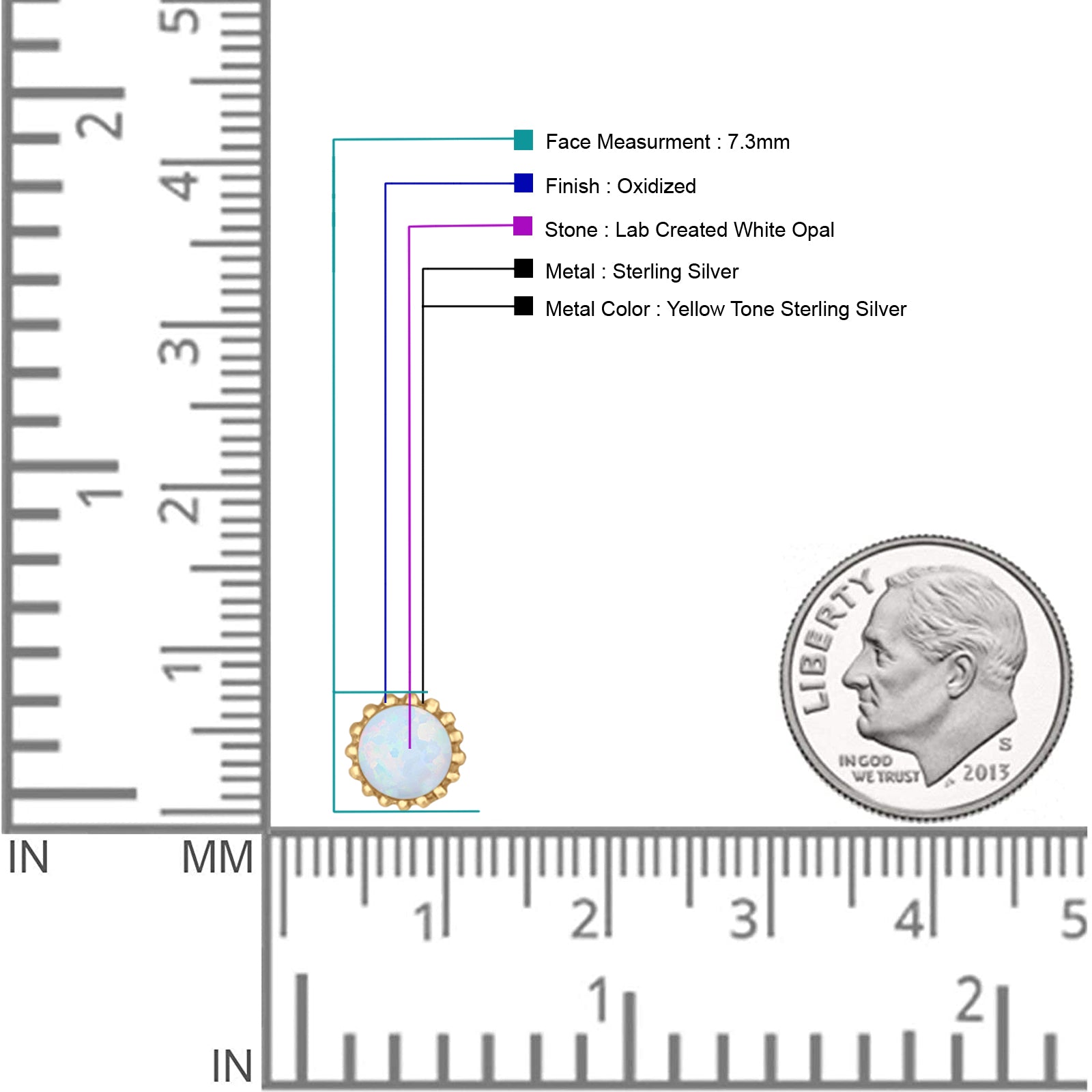 Round 7.3mm Stud Earring Lab Created Opal Oxidized 925 Sterling Silver