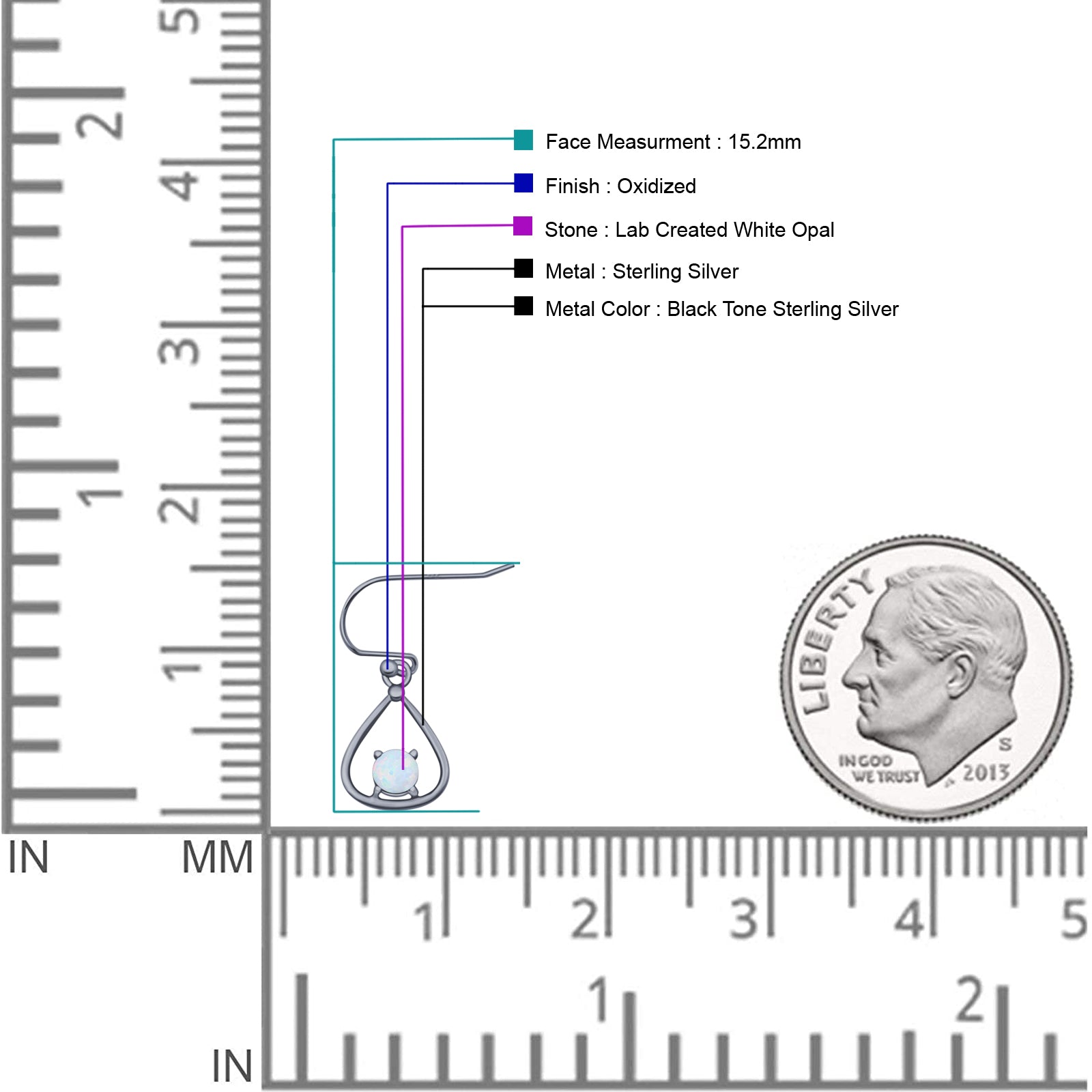 Pear 15.2mm Fishhook Earring Oxidized Round Lab Created Opal 925 Sterling Silver