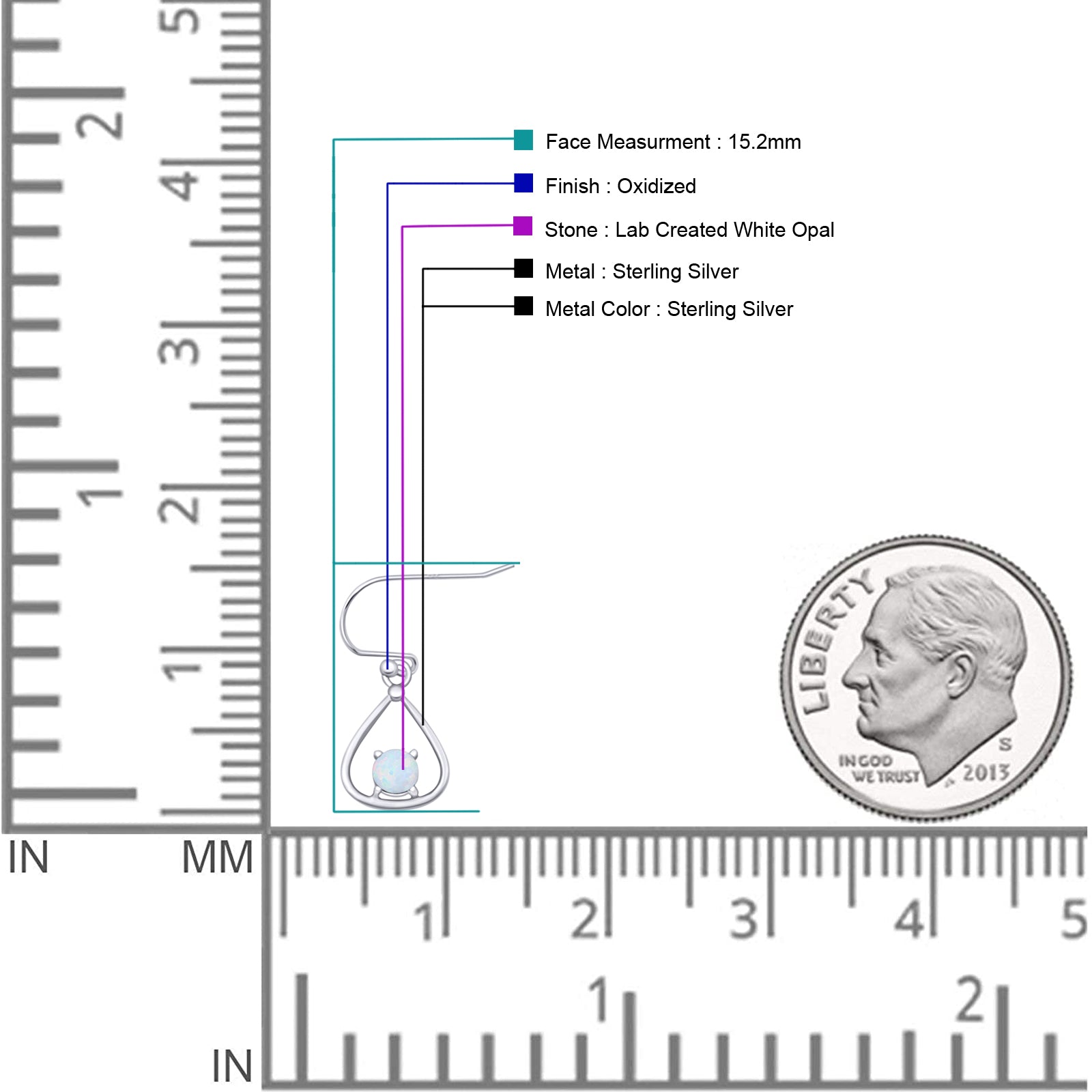 Pear 15.2mm Fishhook Earring Oxidized Round Lab Created Opal 925 Sterling Silver
