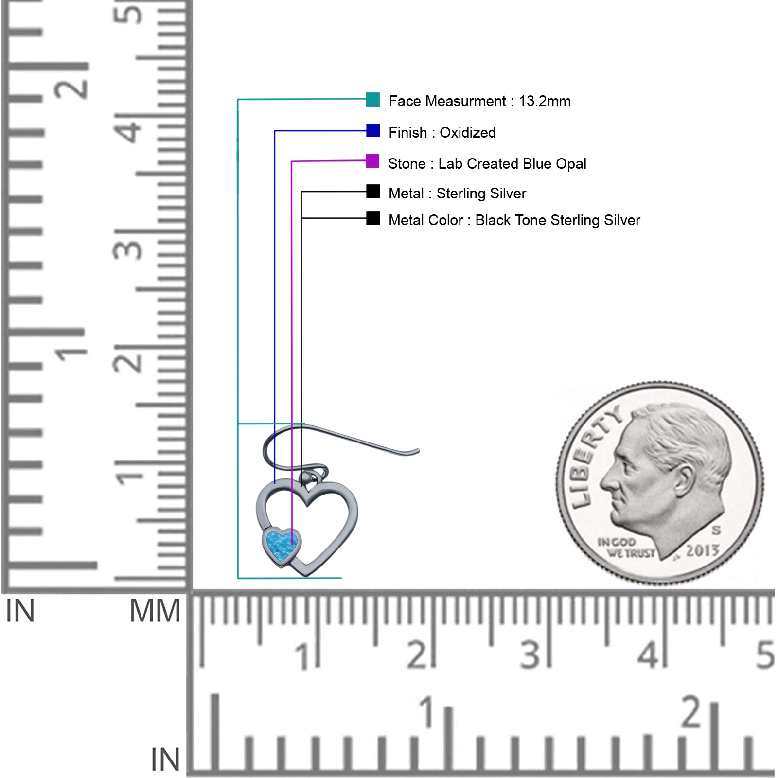 Heart Fishhook Earrings 13.2mm Lab Created Opal Oxidized 925 Sterling Silver