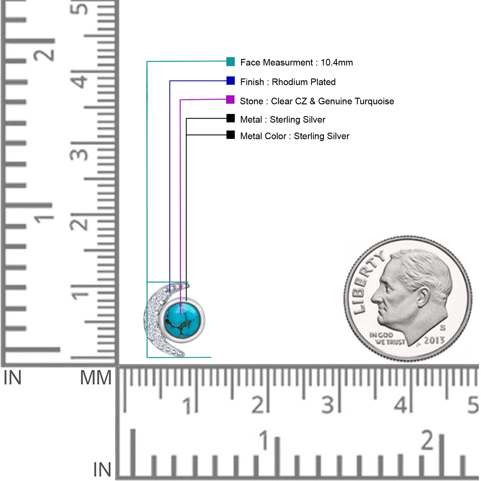Minimalist 10.4mm Crescent Moon Stud Earrings Turquoise & Cubic Zirconia 925 Sterling Silver